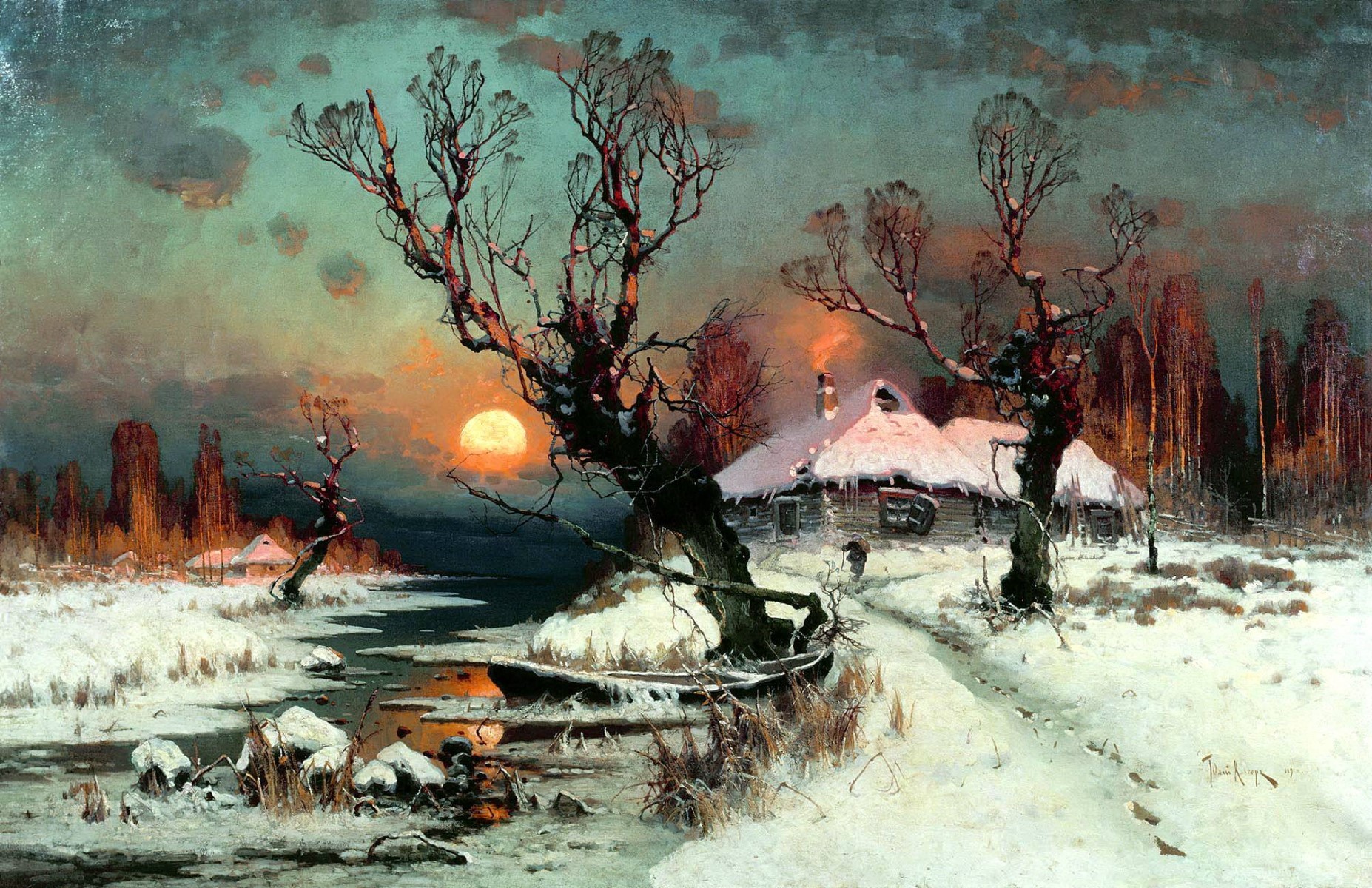 General 1854x1200 painting snow dead trees stream cottage Sun winter classic art