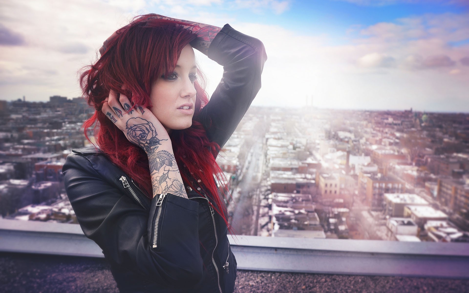 People 1920x1200 redhead women tattoo model city sunlight rooftops women outdoors inked girls cityscape dyed hair arms up urban long hair