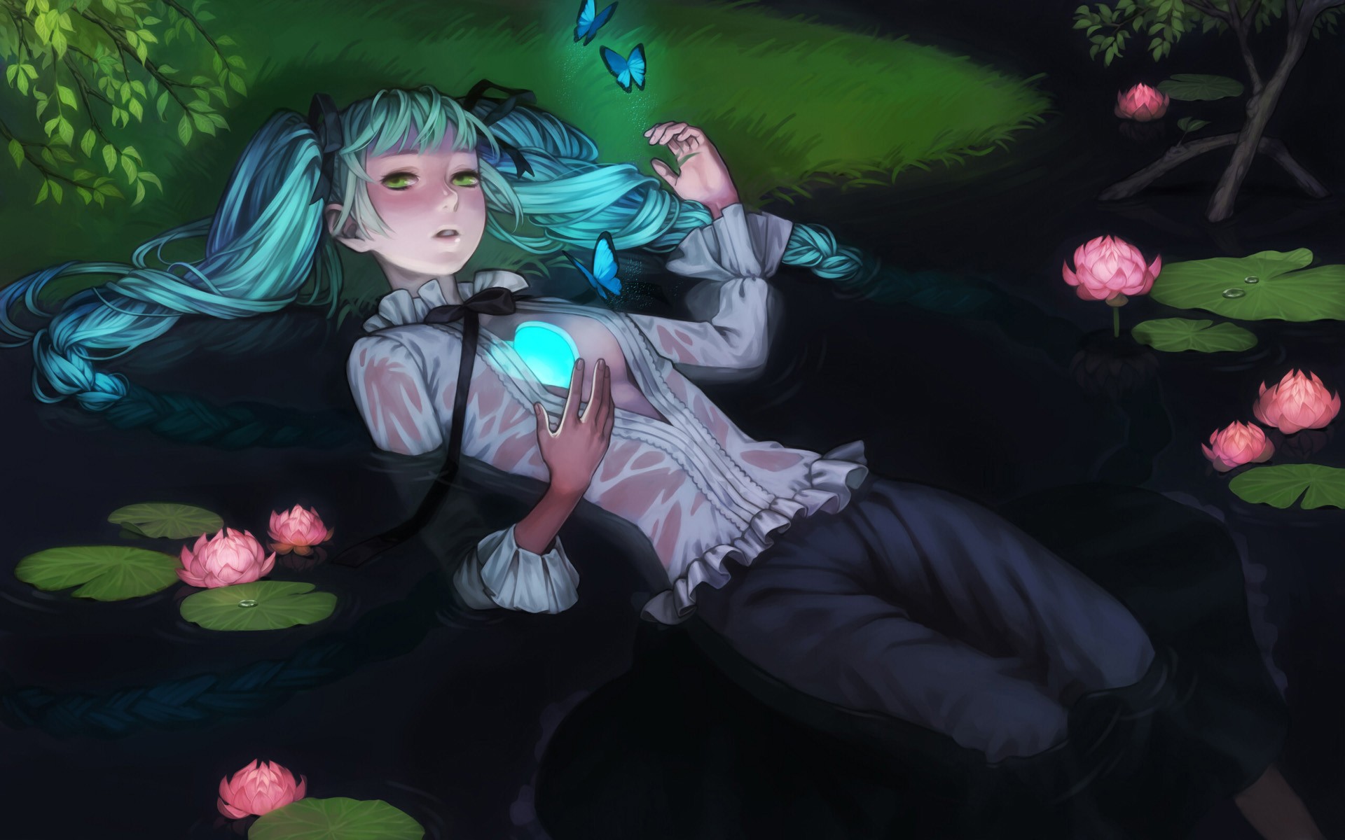 Anime 1920x1200 Vocaloid Hatsune Miku anime girls anime flowers long hair in water plants water cyan hair green eyes looking at viewer