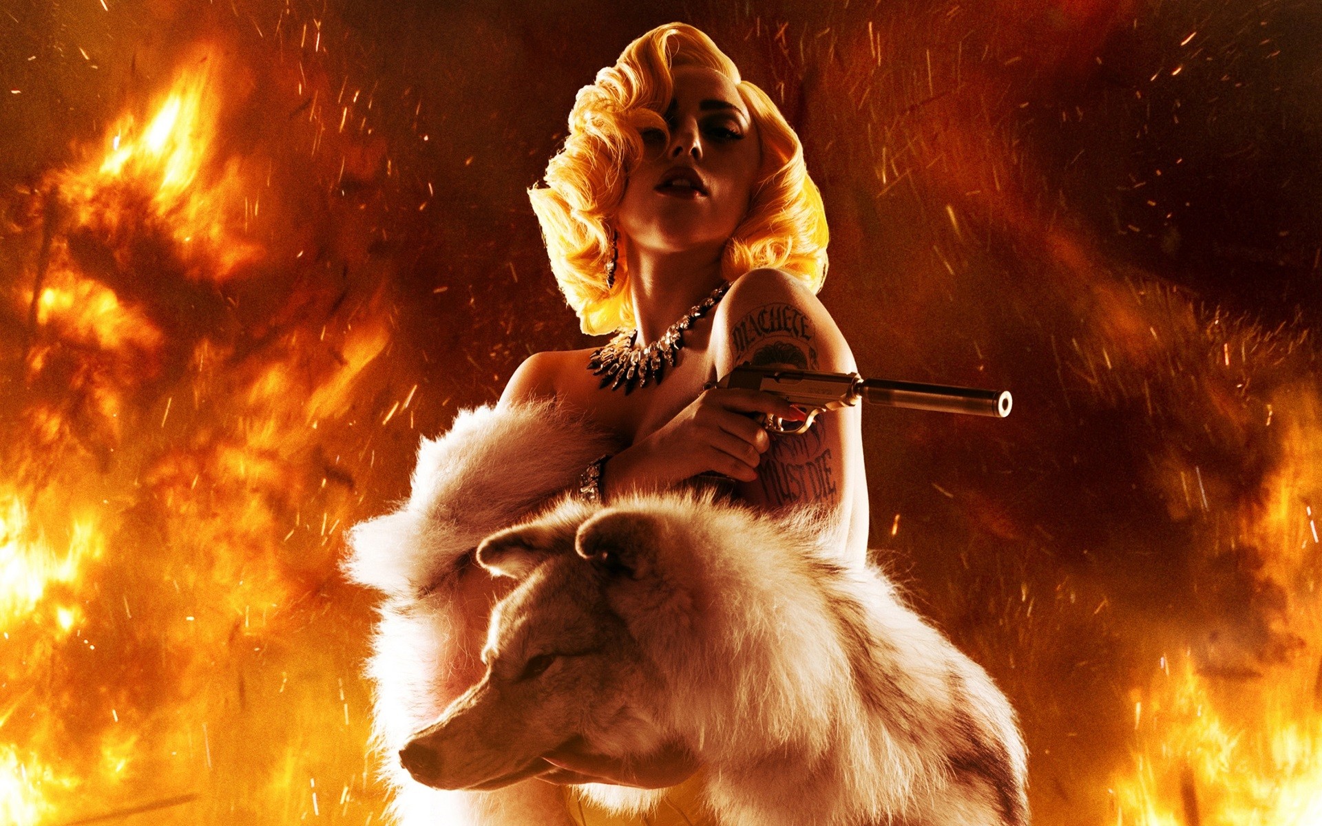 People 1920x1200 Lady Gaga women gun girls with guns singer celebrity fire animals wolf burning looking at viewer