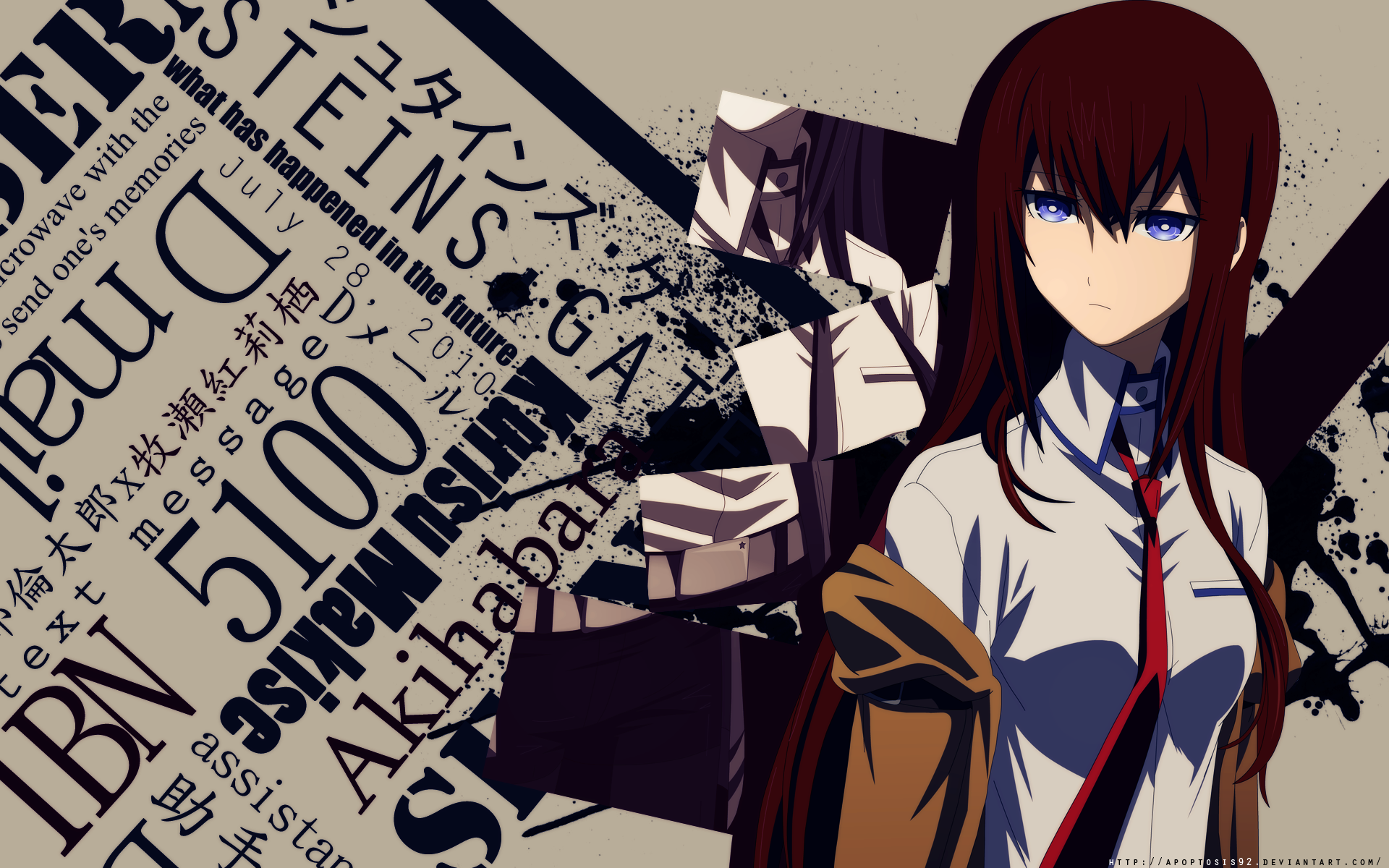 Anime 1920x1200 Steins;Gate Makise Kurisu anime girls schoolgirl anime redhead purple eyes tie long hair numbers