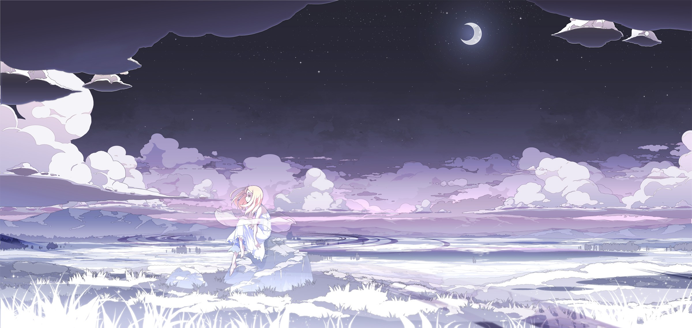 Anime 2400x1140 clouds Moon night stars white white dress anime girls landscape anime Asakura Masatoki original characters