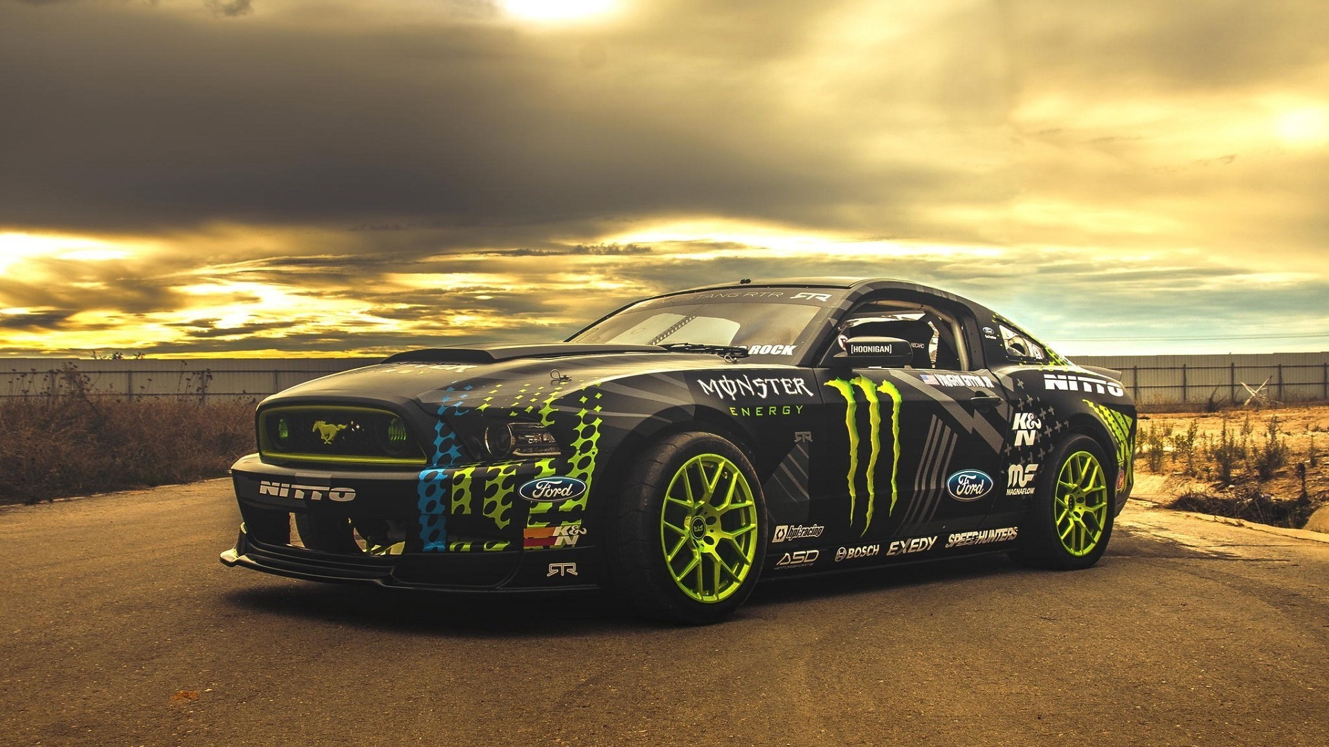 General 1920x1080 Ford Mustang hoonigan Monster Energy colored wheels Ford car vehicle black cars Ford Mustang S-197 II livery muscle cars American cars