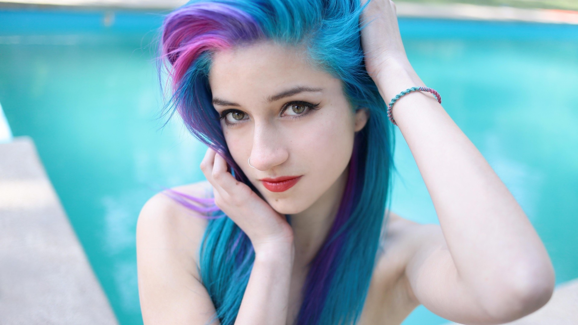 People 1920x1080 Fay Suicide blue hair pink hair pale swimming pool dyed hair nose ring women red lipstick Suicide Girls face closeup looking at viewer women outdoors Chilean women Chilean Latinas model