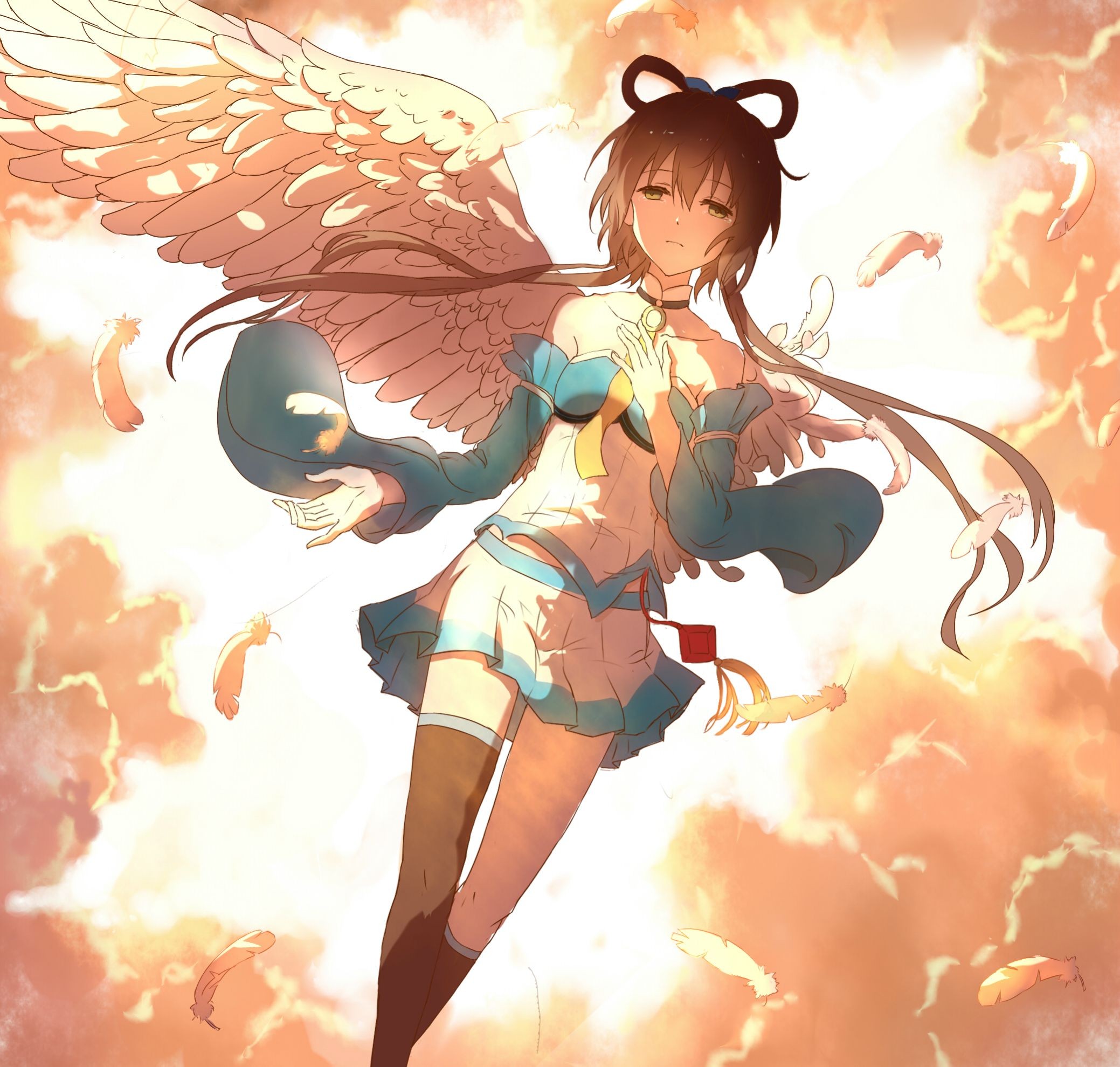 Anime 2078x1979 anime girls Vocaloid wings Luo Tianyi (vocaloid) anime fantasy art fantasy girl sky sunlight clouds feathers