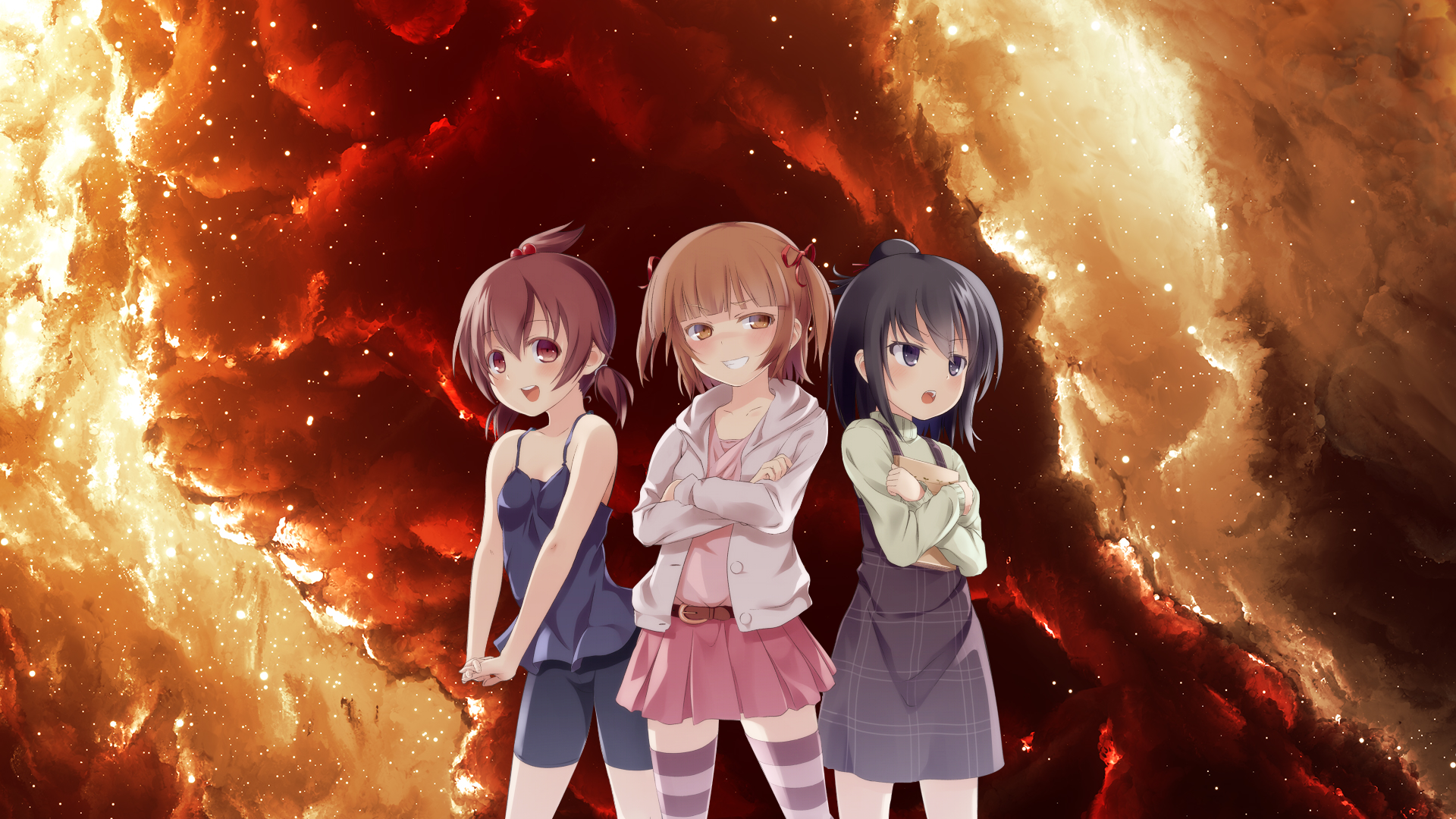 Anime 1920x1080 Mitsudomoe anime girls anime standing smiling miniskirt women trio arms crossed brunette dark hair
