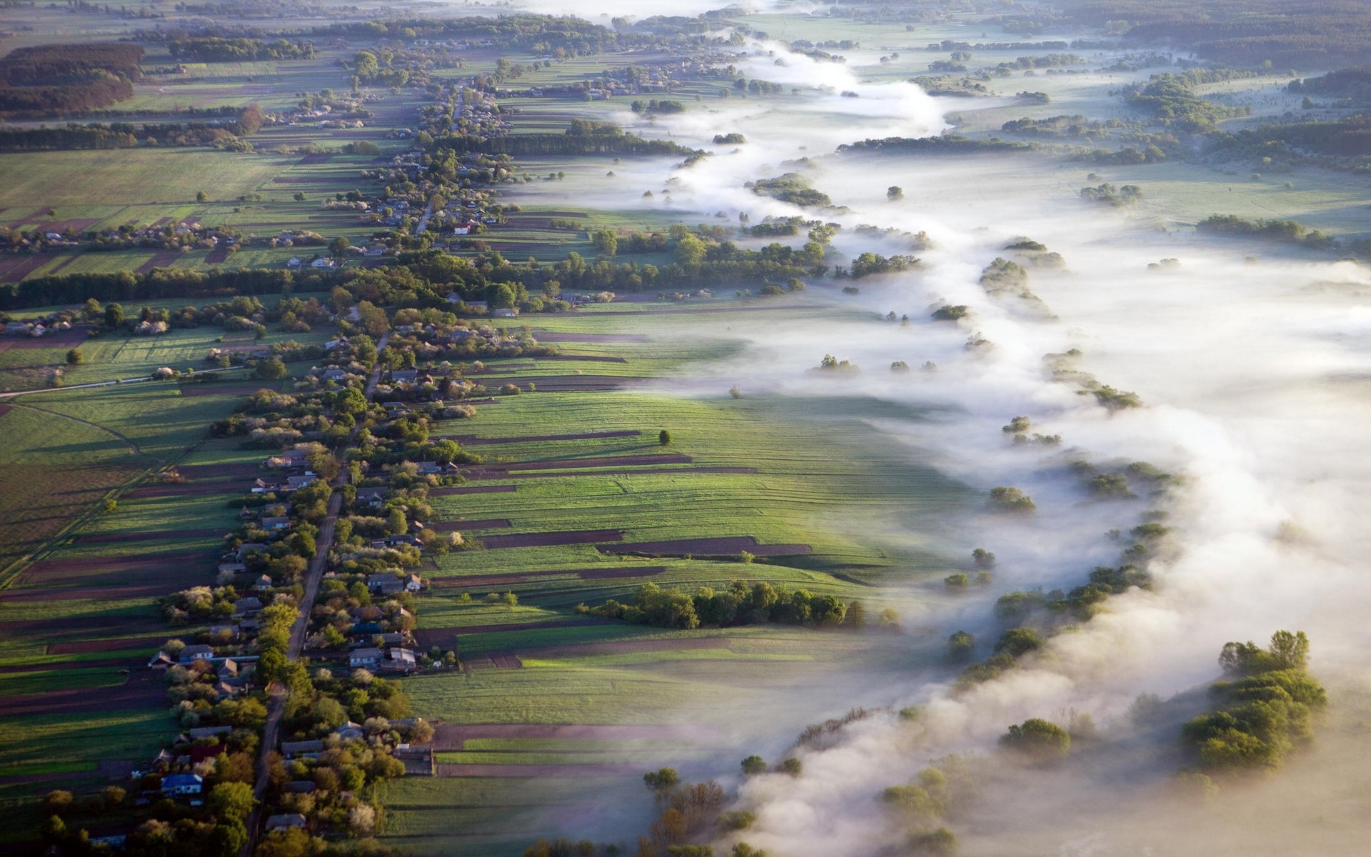 General 1920x1200 nature landscape aerial view mist village field road morning