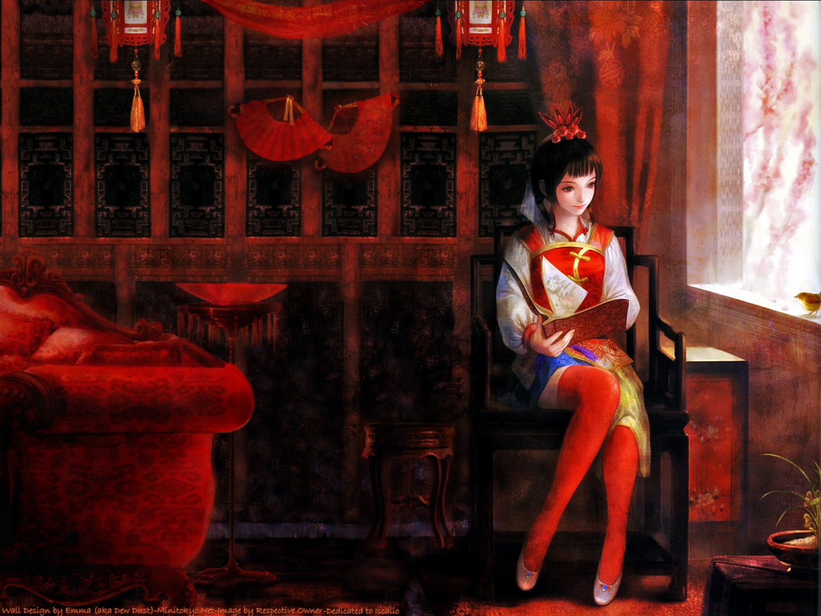Anime 1600x1200 anime anime girls sitting legs dark hair indoors fantasy girl stockings red stockings women indoors fantasy art