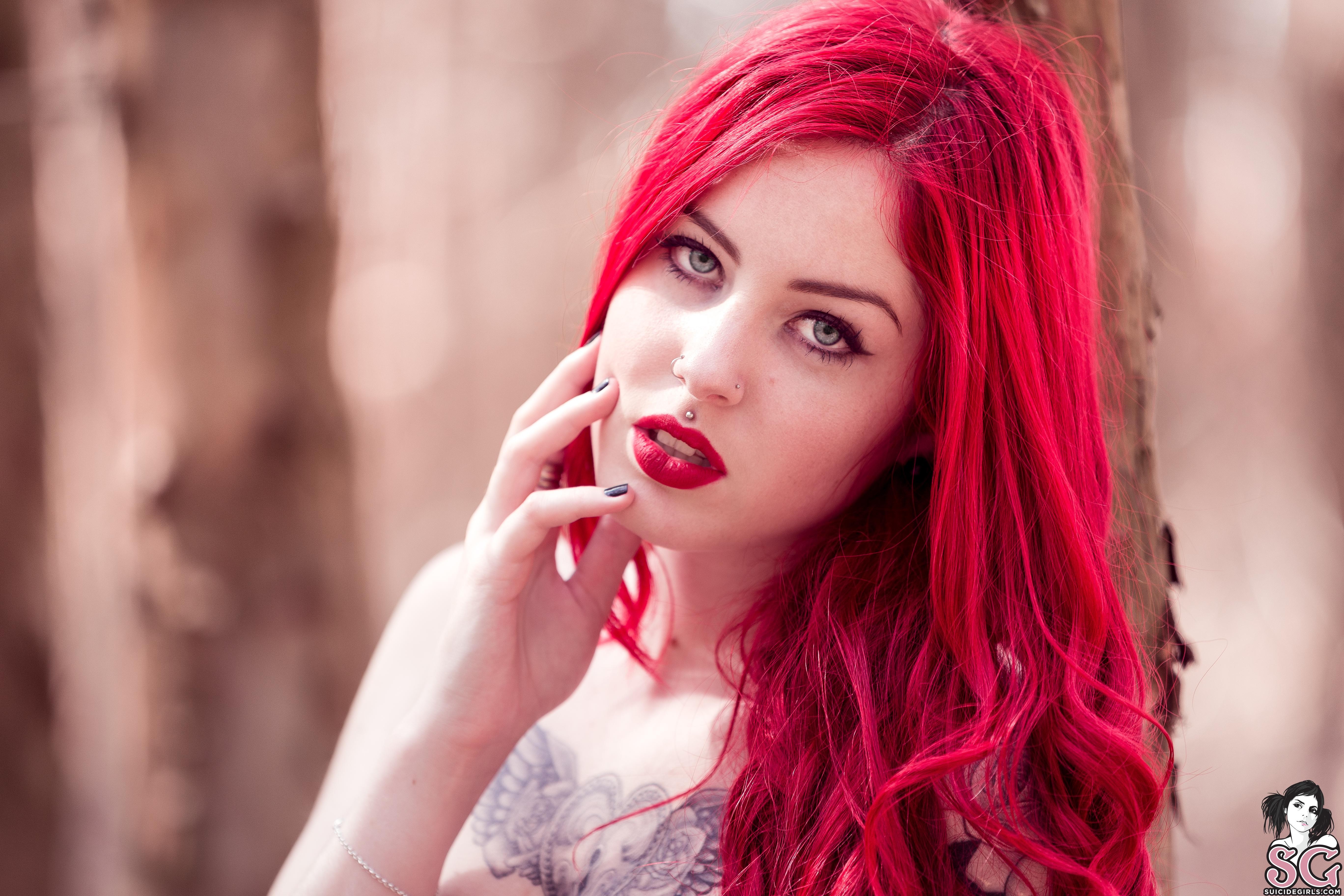 People 5472x3648 Brunabruce Suicide Suicide Girls redhead tattoo Latinas Brazilian Brazilian women pornstar piercing black nails painted nails dyed hair long hair looking at viewer women closeup watermarked