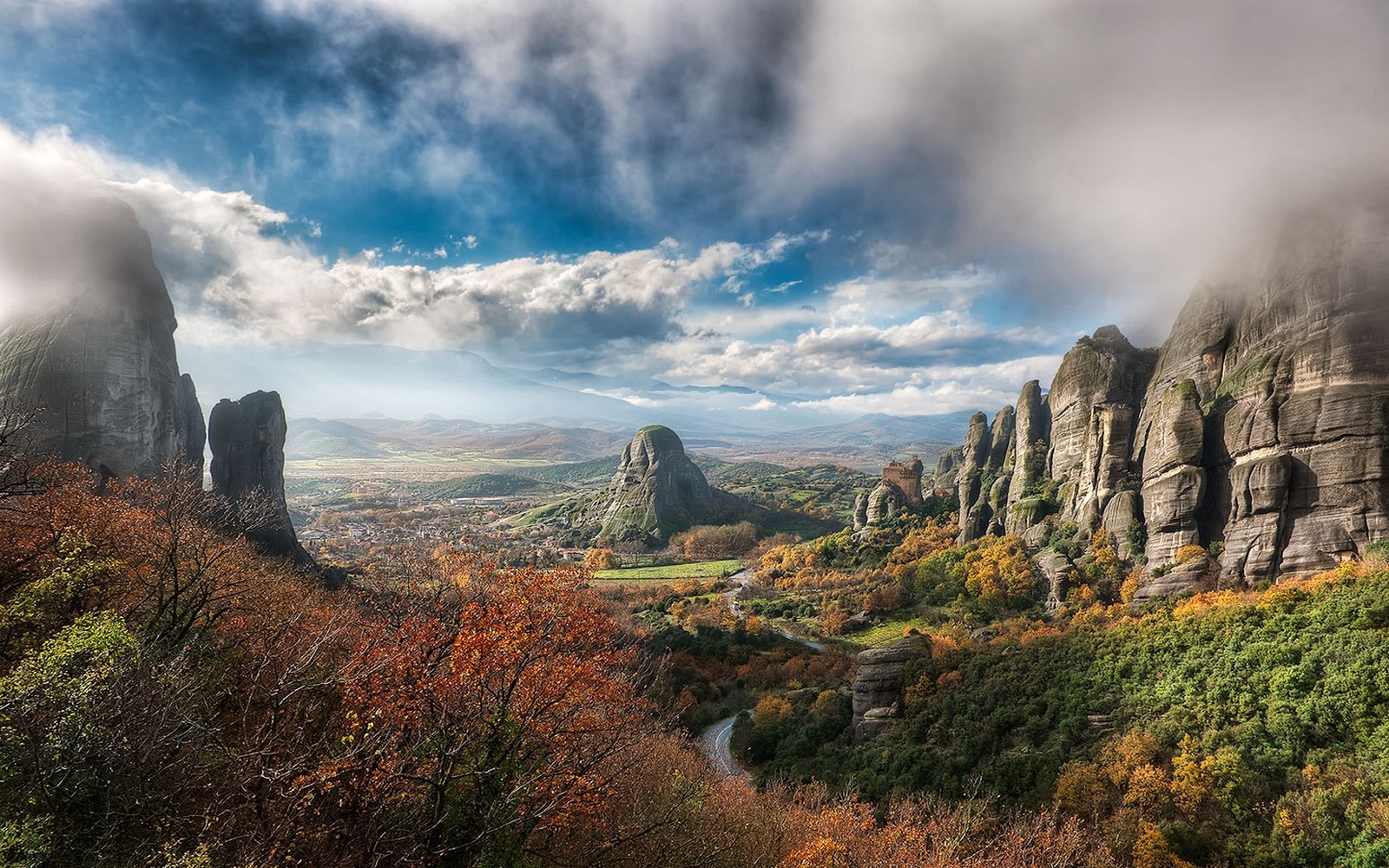 General 1600x1000 nature landscape Greece valley fall clouds rocks forest road mist mountains