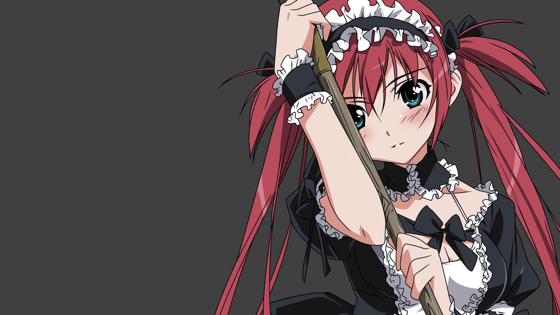 Anime 1920x1080 simple background redhead blue eyes maid outfit cleavage looking at viewer maid anime girls blushing Airi (Queen's Blade) twintails Queen's Blade gray background long hair