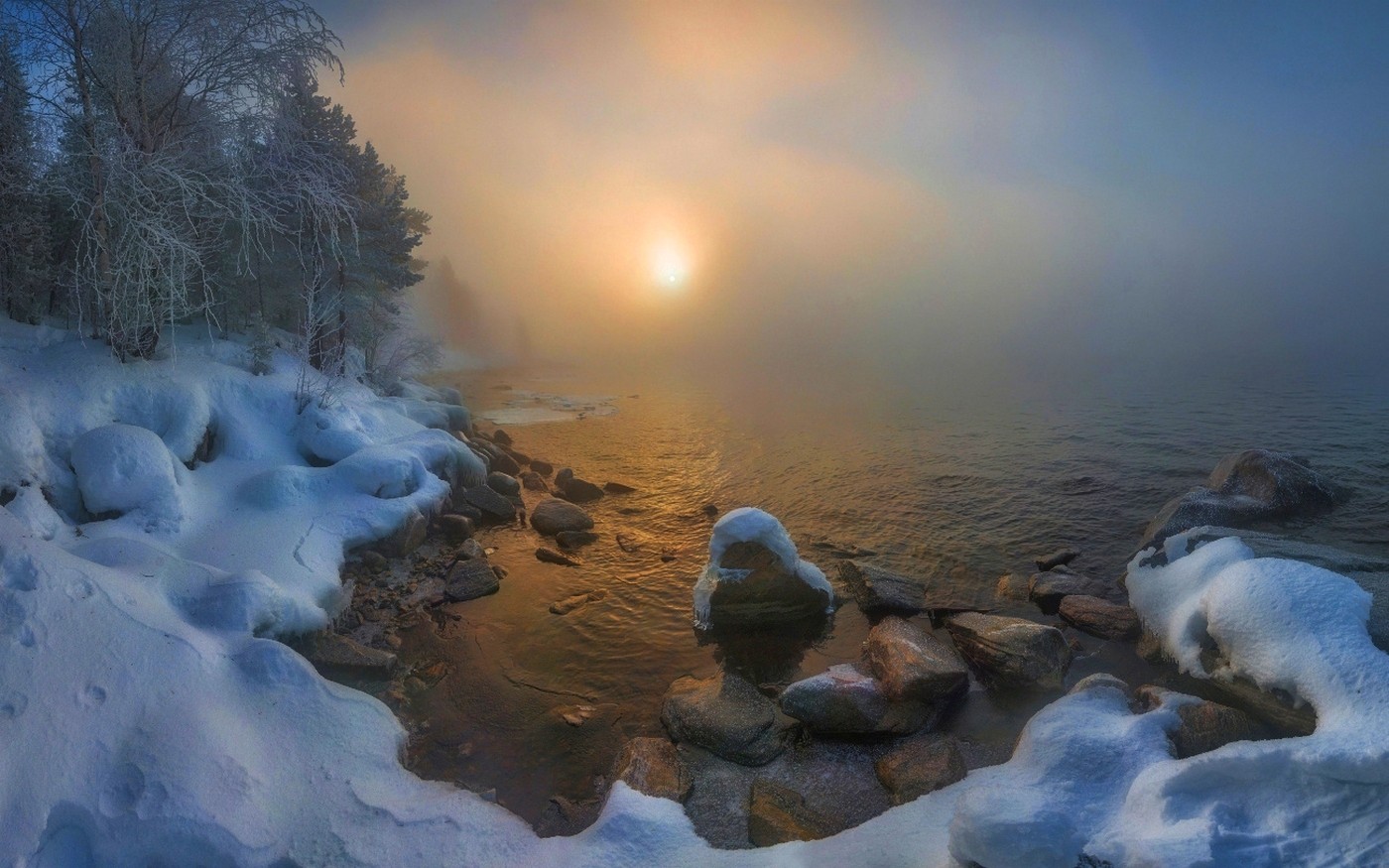 General 1400x875 nature landscape winter lake Russia snow forest mist cold trees outdoors ice Sun