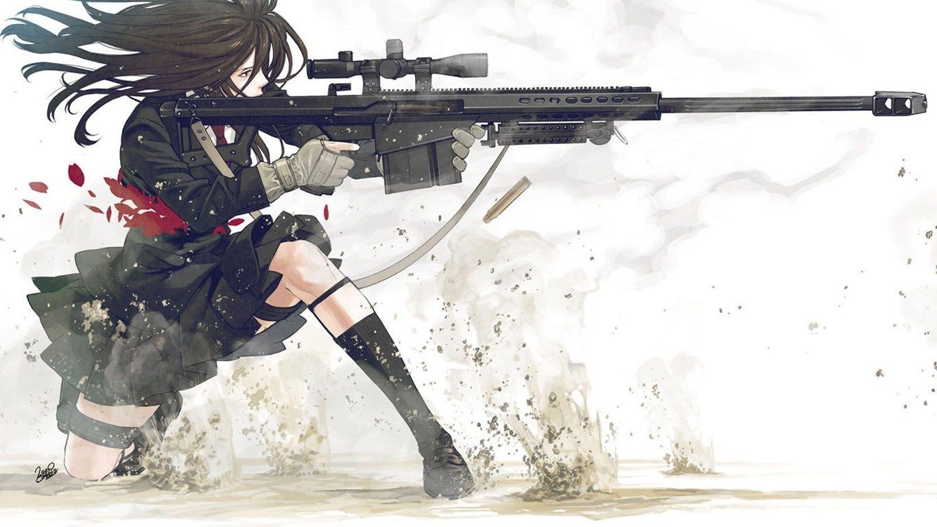 Anime 1366x768 anime gun girls with guns blood sniper rifle weapon aiming rifles white background long hair brunette