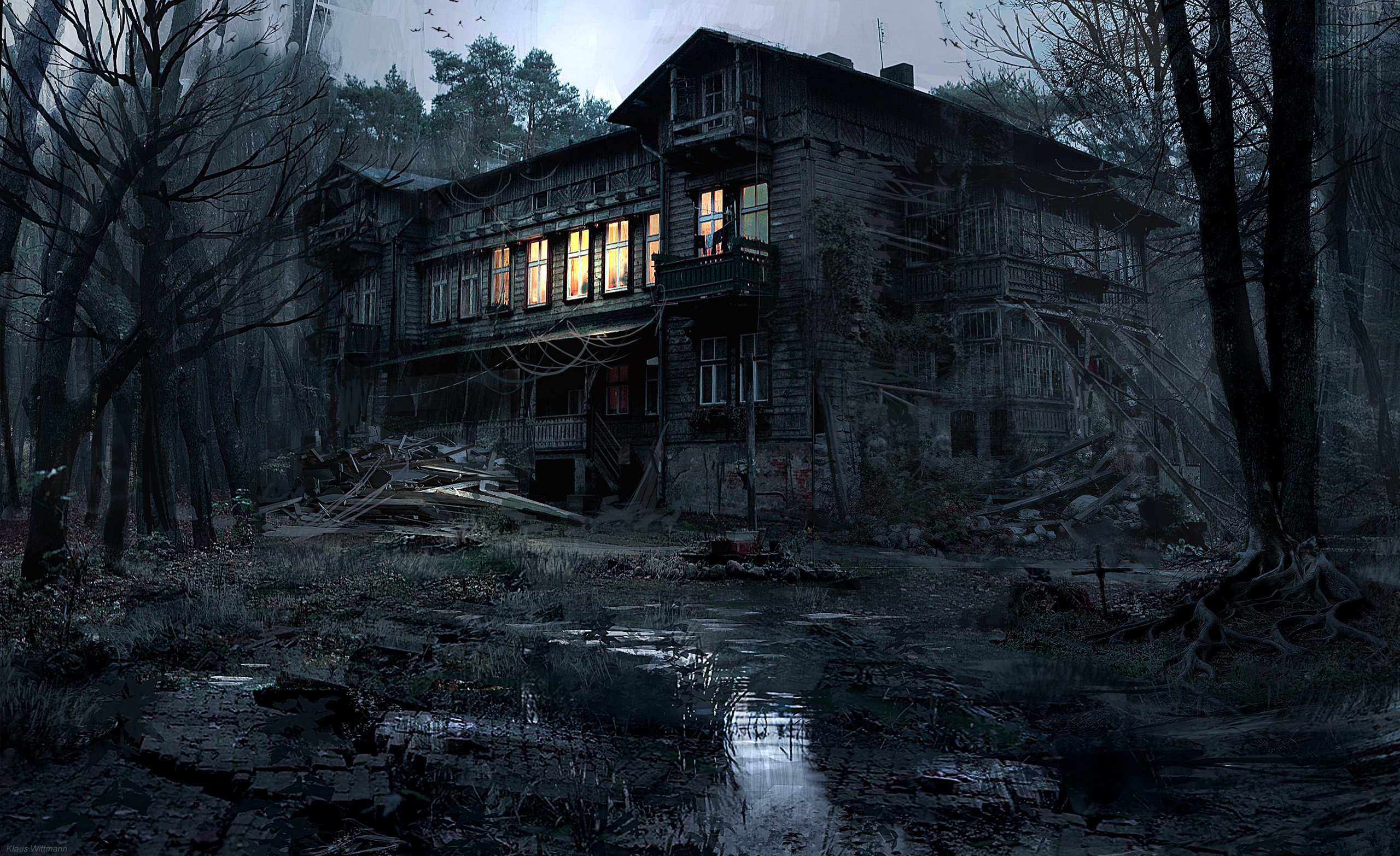 General 2560x1566 house selective coloring abandoned spooky digital art trees haunted mansion water photo manipulation wet dead trees