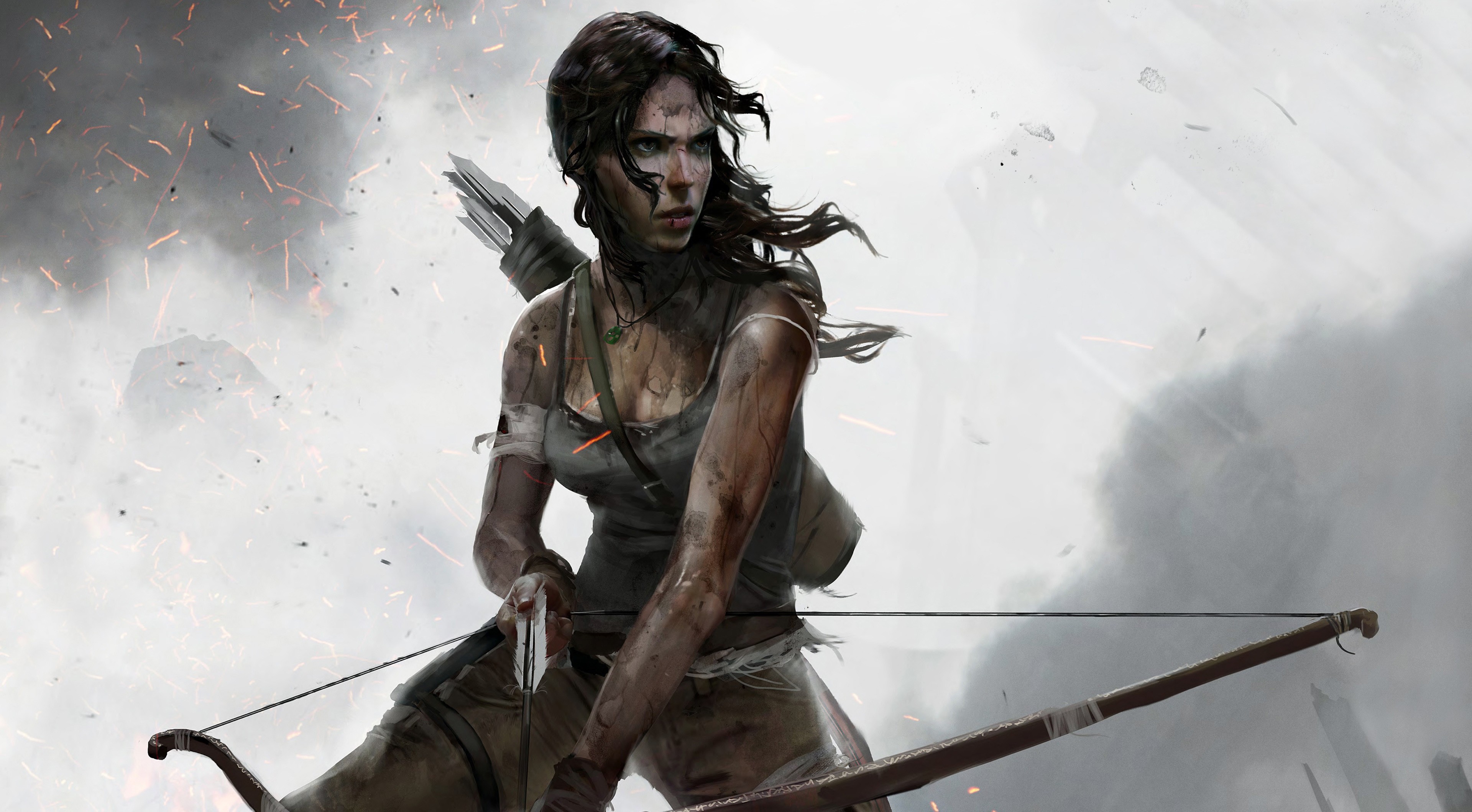 General 3840x2118 Tomb Raider video games bow video game art video game girls wounds blood looking into the distance PC gaming dark hair dirt necklace women standing Lara Croft (Tomb Raider) bow and arrow video game characters