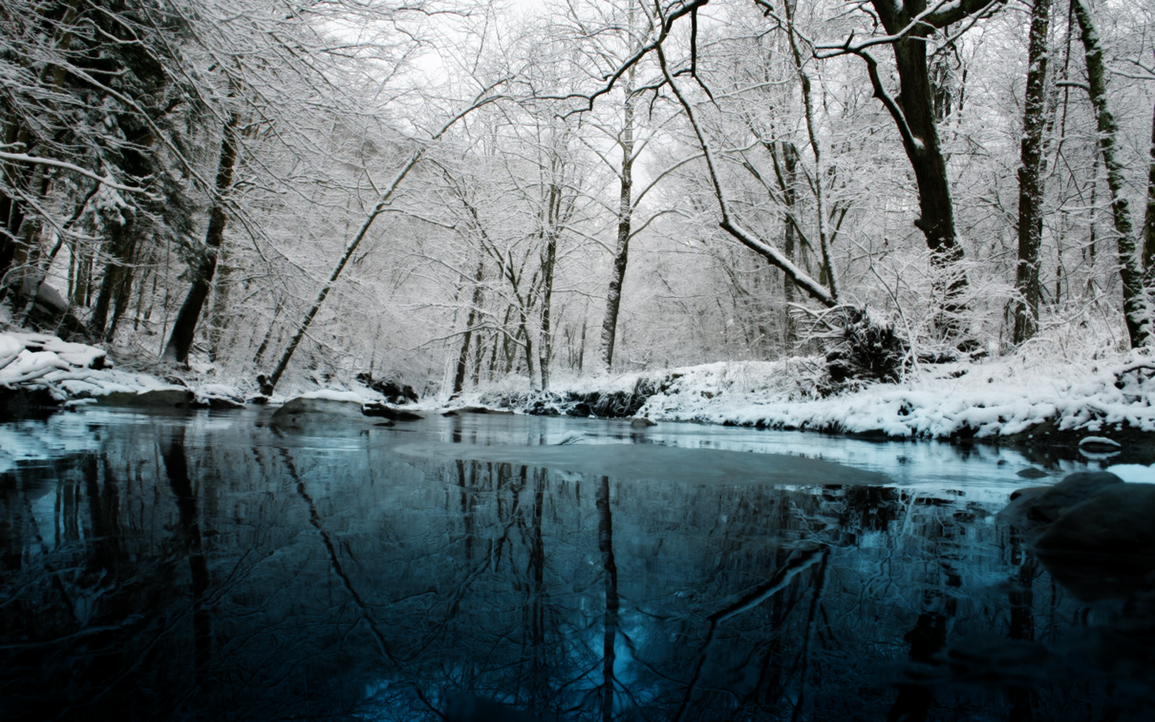 General 1680x1050 nature landscape winter forest frost creeks cold ice snow water reflection