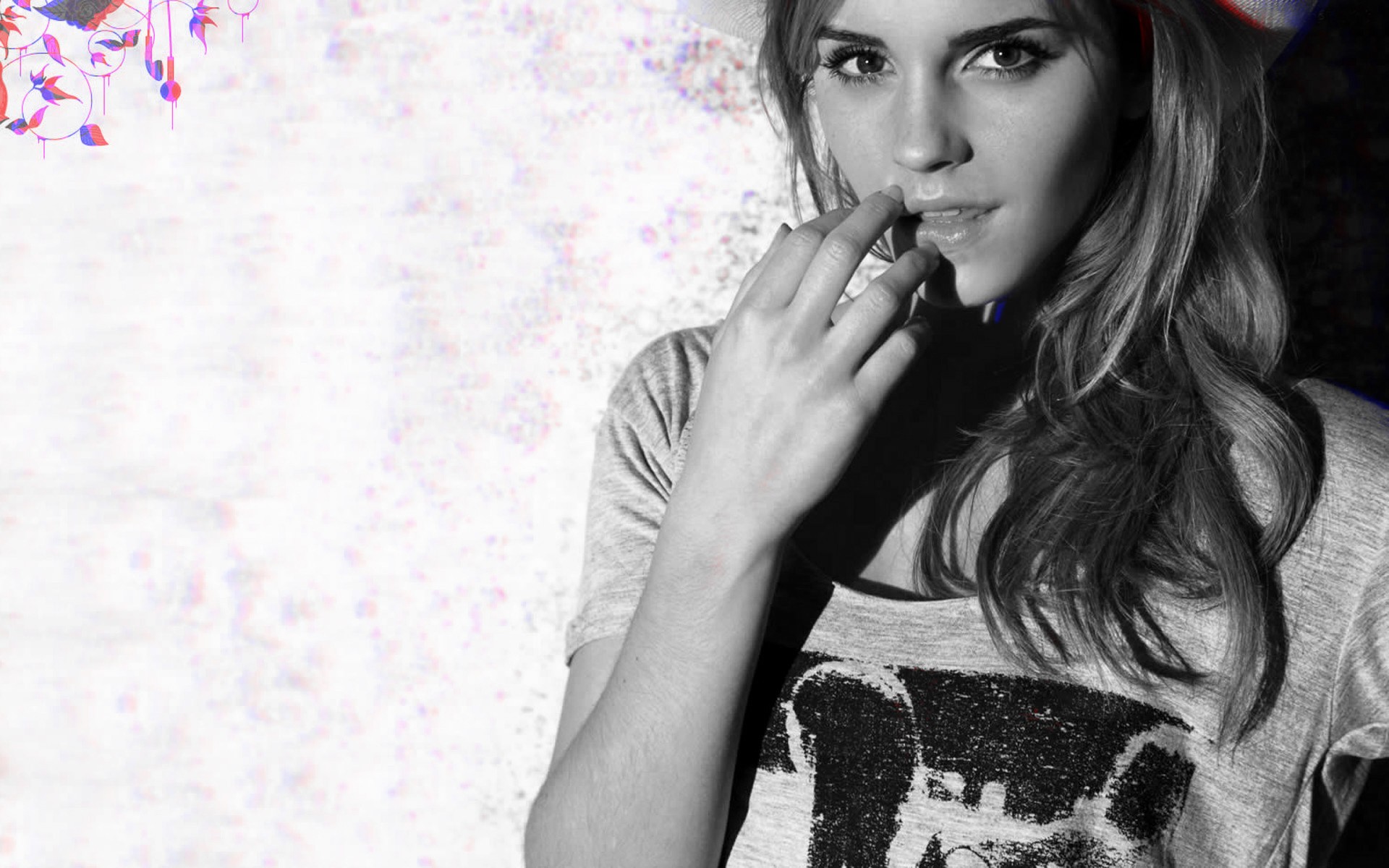 People 1920x1200 Emma Watson anaglyph 3D chromatic aberration women actress monochrome T-shirt finger on lips looking at viewer celebrity British women
