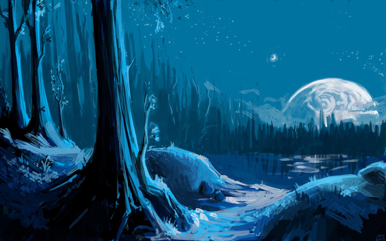 General 1280x800 fantasy art nature night sky trees sky Moon artwork blue tigr3ss Endor Star Wars lake Kristine Kjærsgaard Hansen DeviantArt