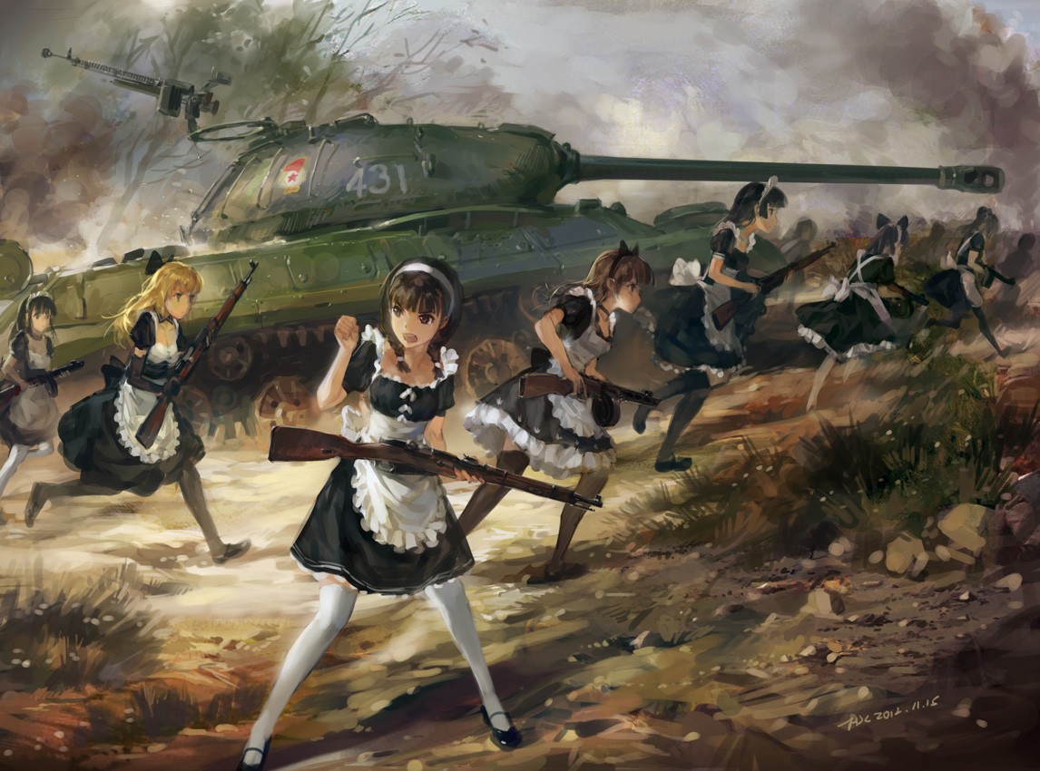 General 1146x850 anime girls anime numbers rifles weapon tank vehicle military vehicle military group of women maid maid outfit girls with guns IS-3 PPSh-41 war Hjl