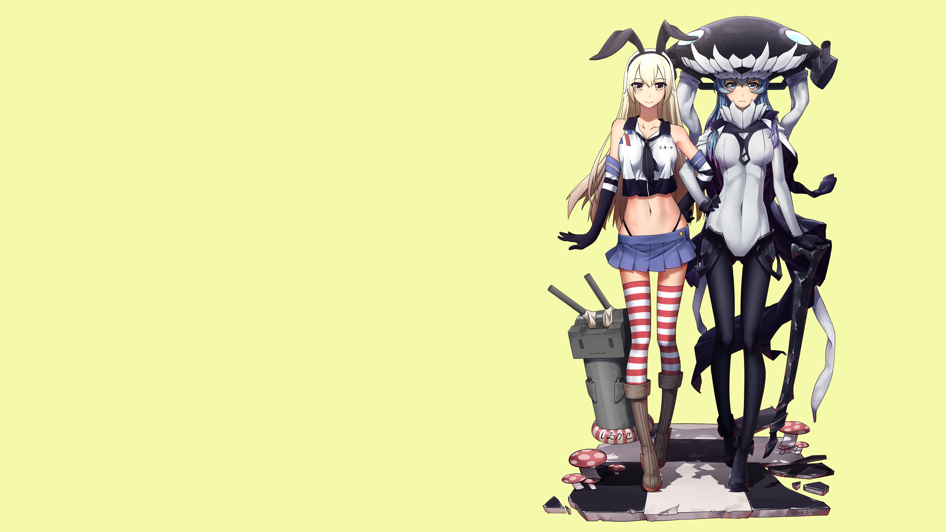 Anime 1920x1080 anime girls stockings Wo-Class Shimakaze (Kancolle) frontal view chess floor simple background striped stockings panties bunny ears miniskirt bodysuit Kantai Collection two women beige background