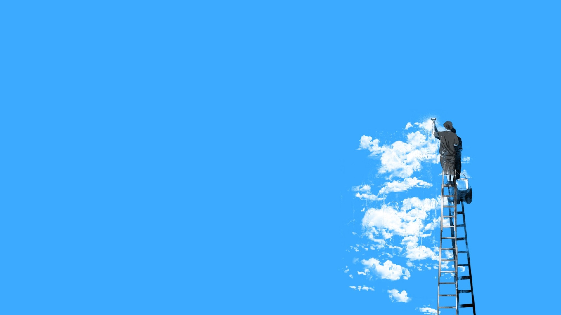 General 1920x1080 minimalism simple background sky ladder artwork cyan cyan background clouds paint can paint brushes paint roller painting
