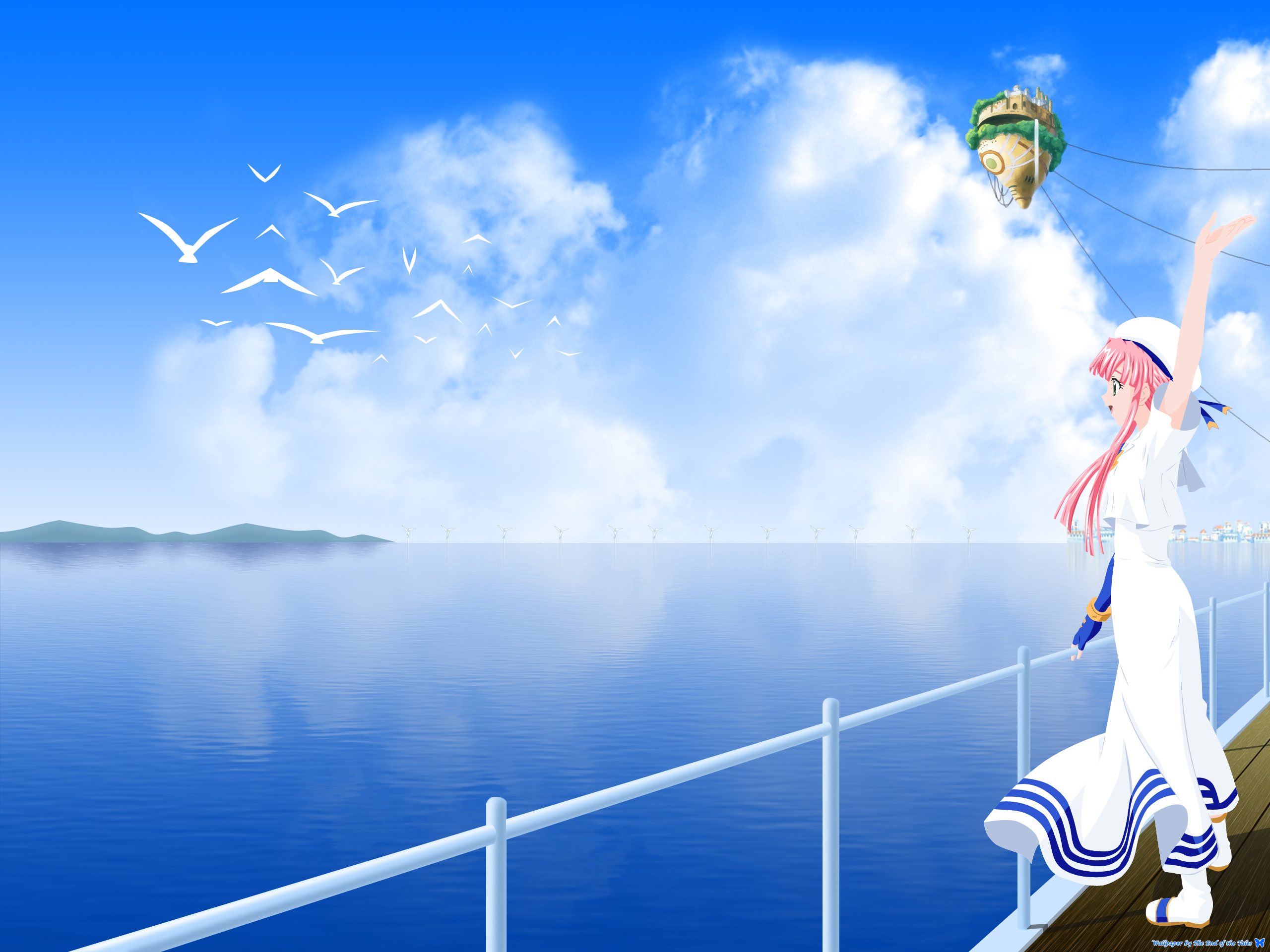 Anime 2560x1920 anime girls Aria anime sky pink hair dress sea birds water standing arms up long hair