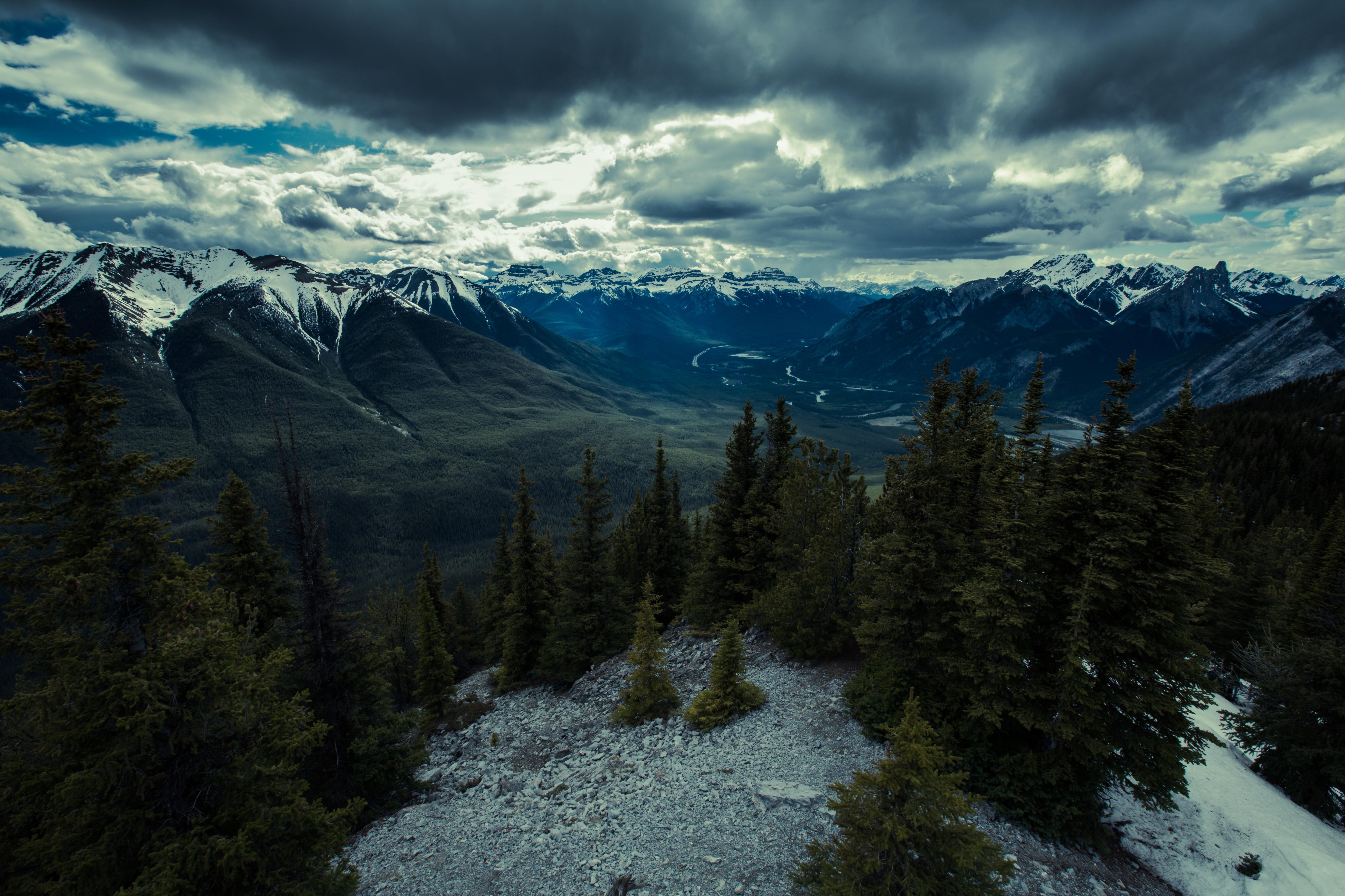 General 5760x3840 mountains landscape valley river pine trees overcast nature snowy peak clouds outdoors
