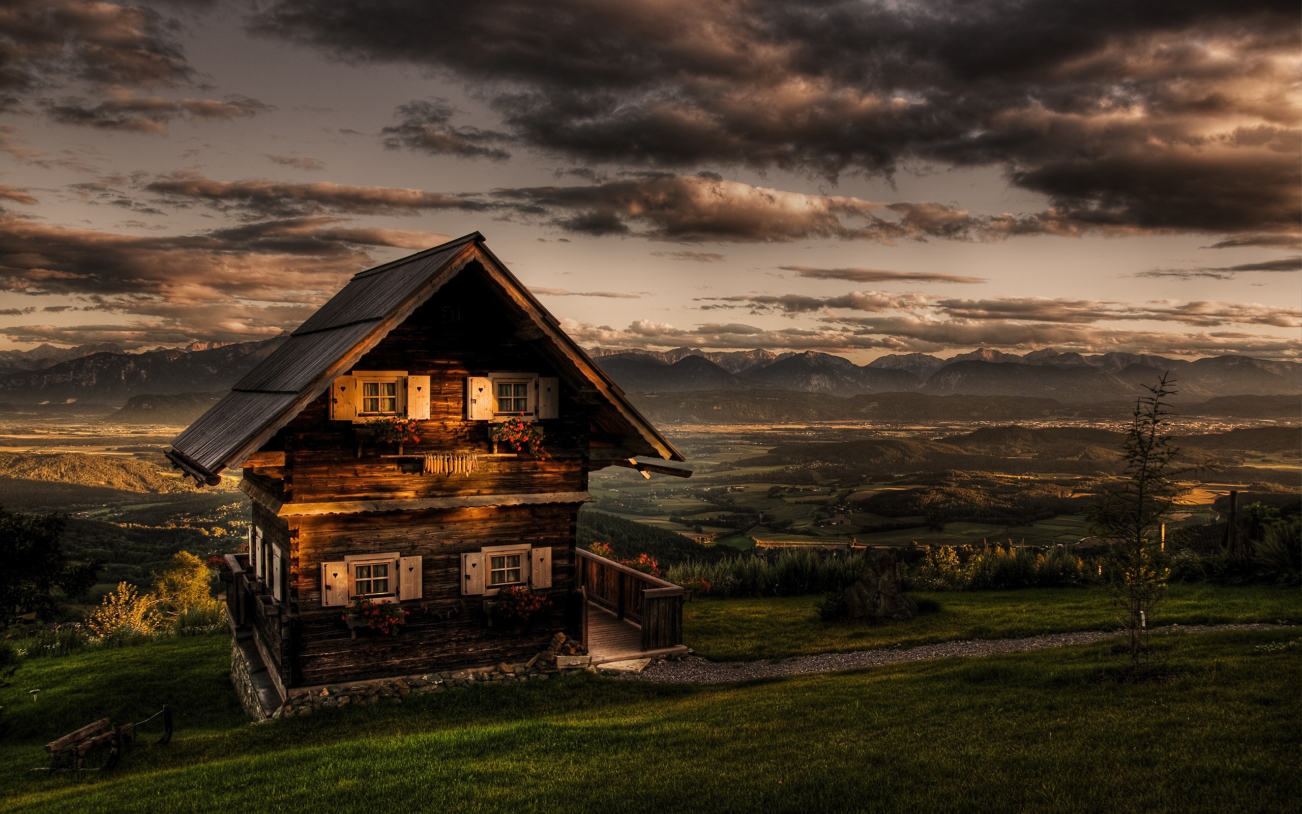 General 2560x1600 landscape house sunrise sunset mountains clouds hills HDR cottage digital lighting