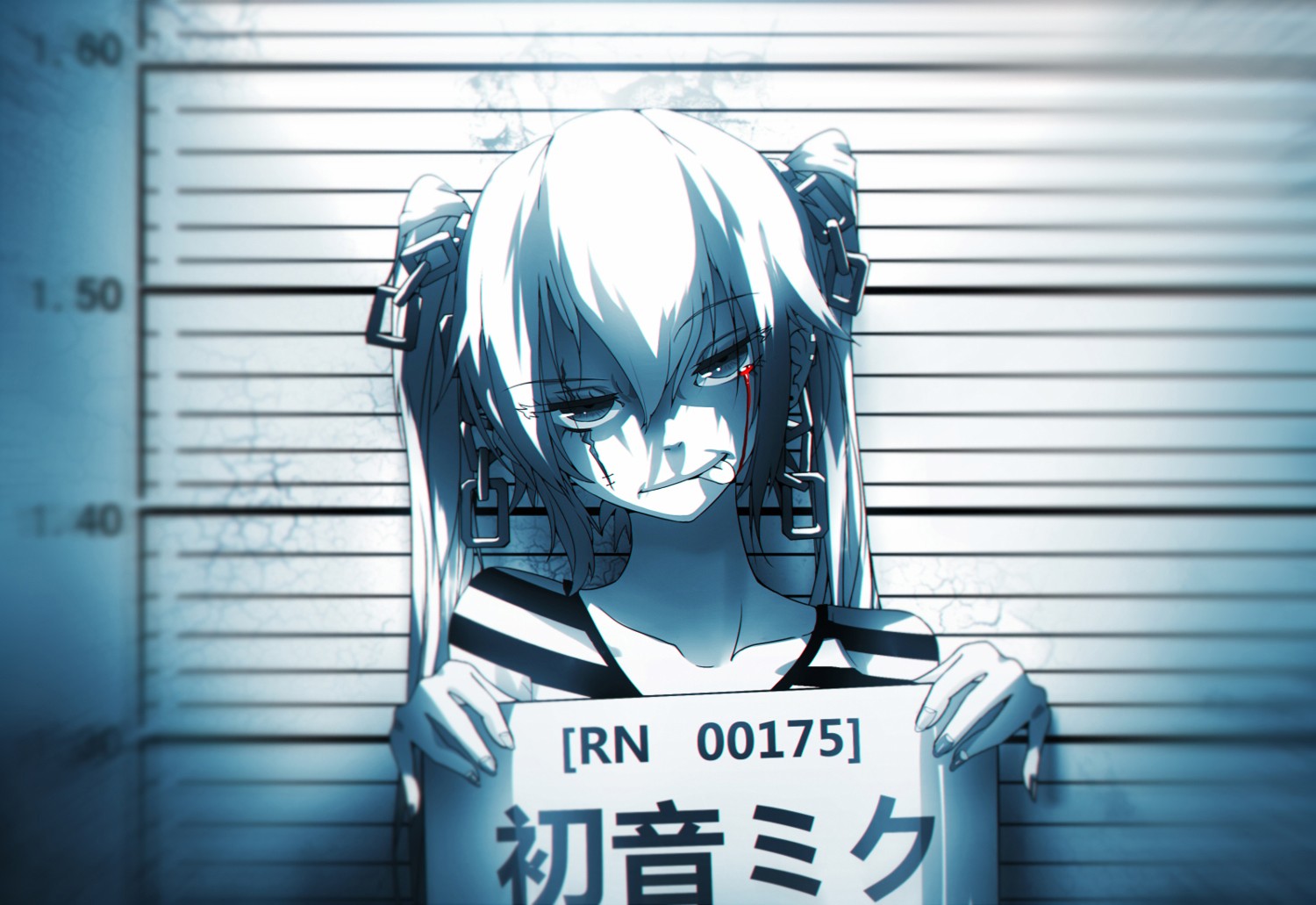 Anime 1500x1031 anime anime girls Vocaloid Hatsune Miku frontal view tongue out numbers looking at viewer prisoners artwork Bai Yemeng