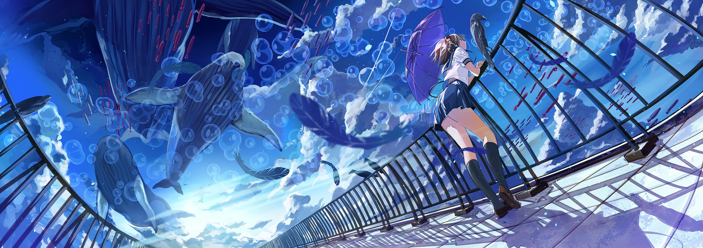 Anime 2263x800 whale bubbles umbrella sky anime girls Fujita legs feathers birds mammals