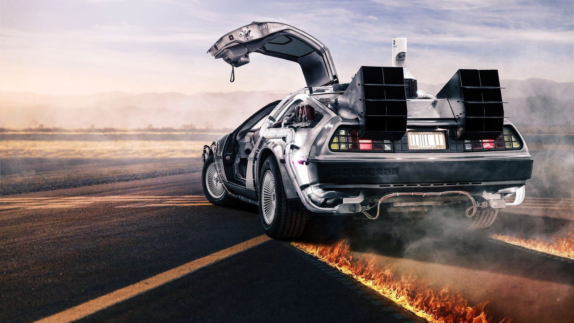 General 1920x1080 car Back to the Future DeLorean movies Time Machine fire burning silver cars vehicle