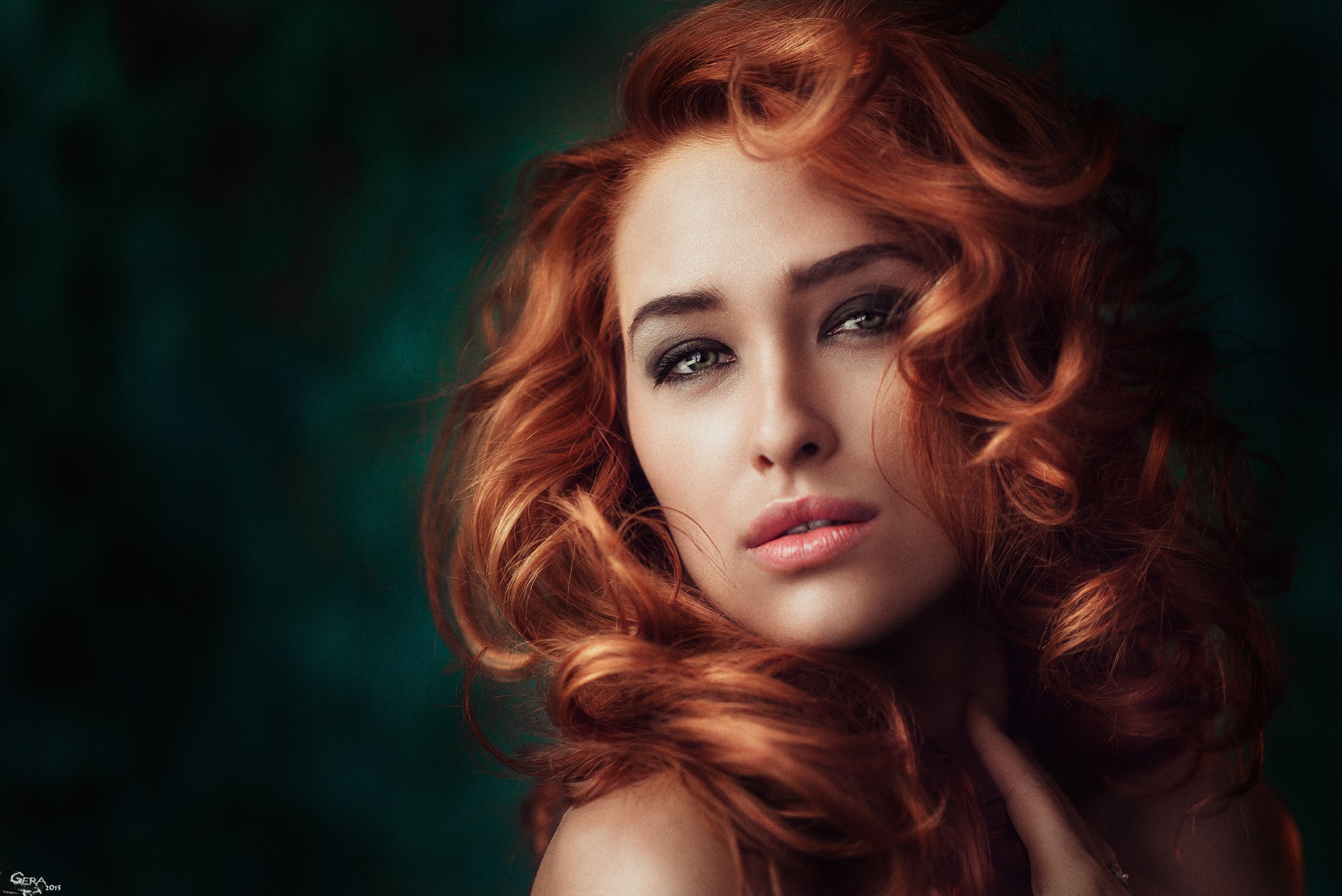 People 2048x1367 women model redhead curly hair green eyes portrait Georgy Chernyadyev face closeup dyed hair makeup looking at viewer 2015 (Year)