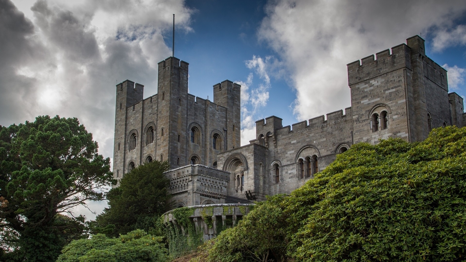General 1920x1080 architecture castle tower trees Wales UK clouds arch