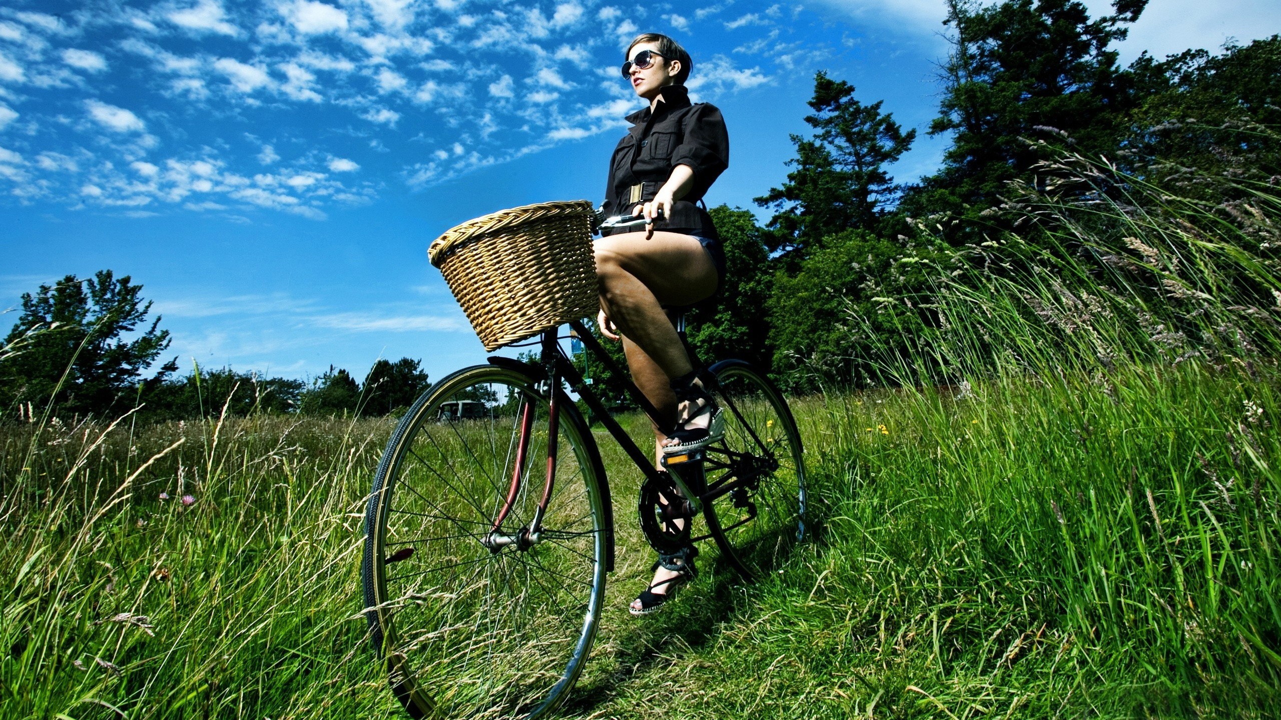 People 2560x1440 model women bicycle nature glasses women with bicycles women outdoors vehicle sunglasses women with shades plants grass baskets