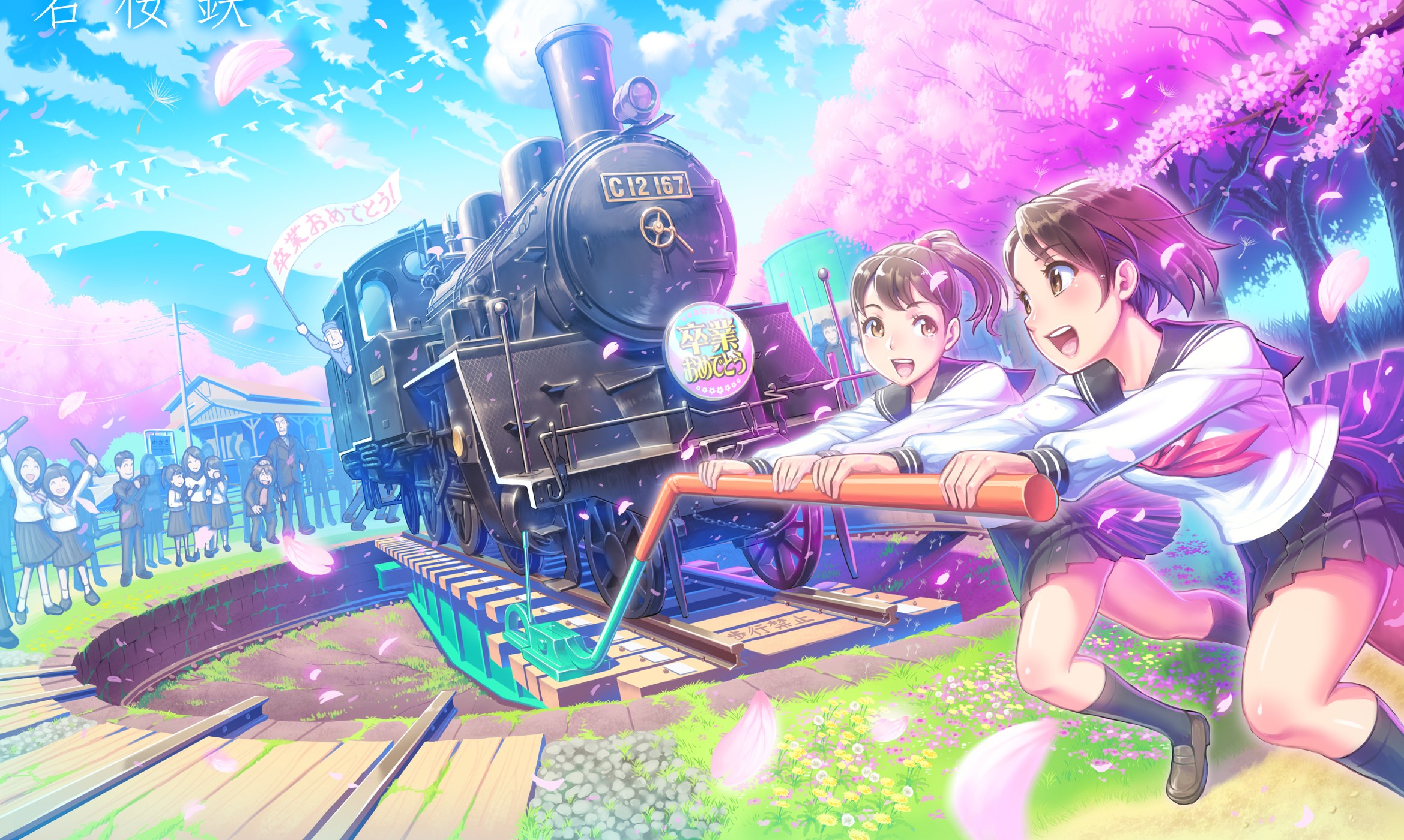 Anime 2339x1401 anime anime girls colorful two women train numbers vehicle open mouth outdoors miniskirt brunette