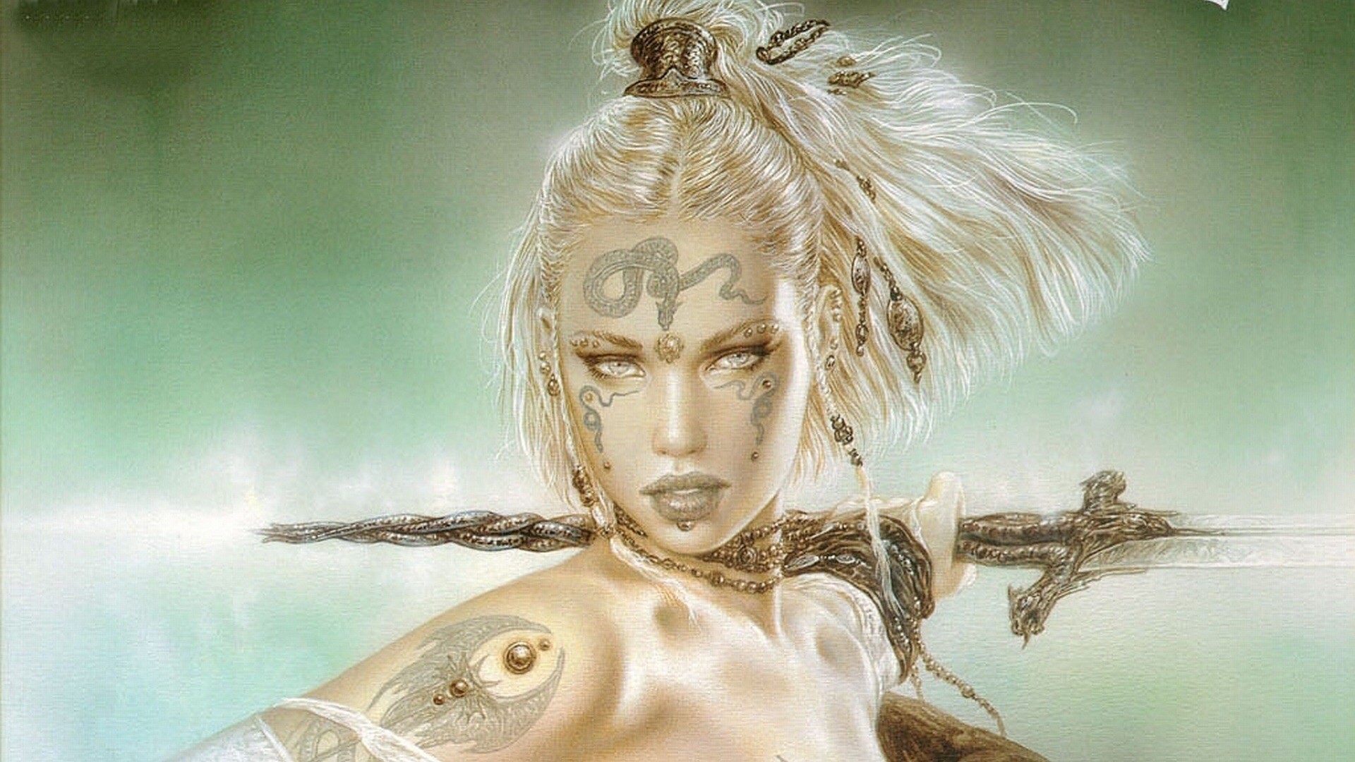 General 1920x1080 fantasy art fantasy girl blonde women face Luis Royo makeup inked girls face paint