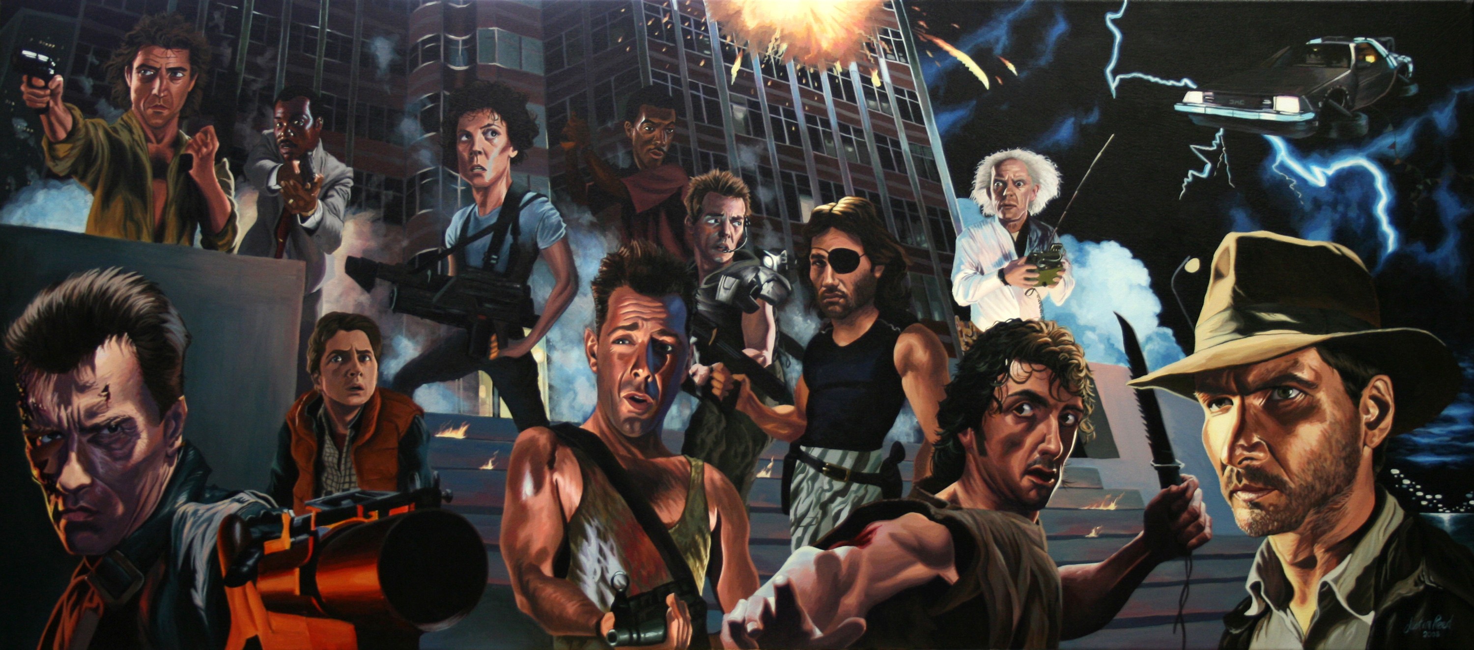 General 3000x1323 movies caricature Terminator Indiana Jones Die Hard Back to the Future Rambo Hollywood Lethal Weapon Aliens (movie) Beverly Hills Cop Terminator 2 Escape from New York crossover
