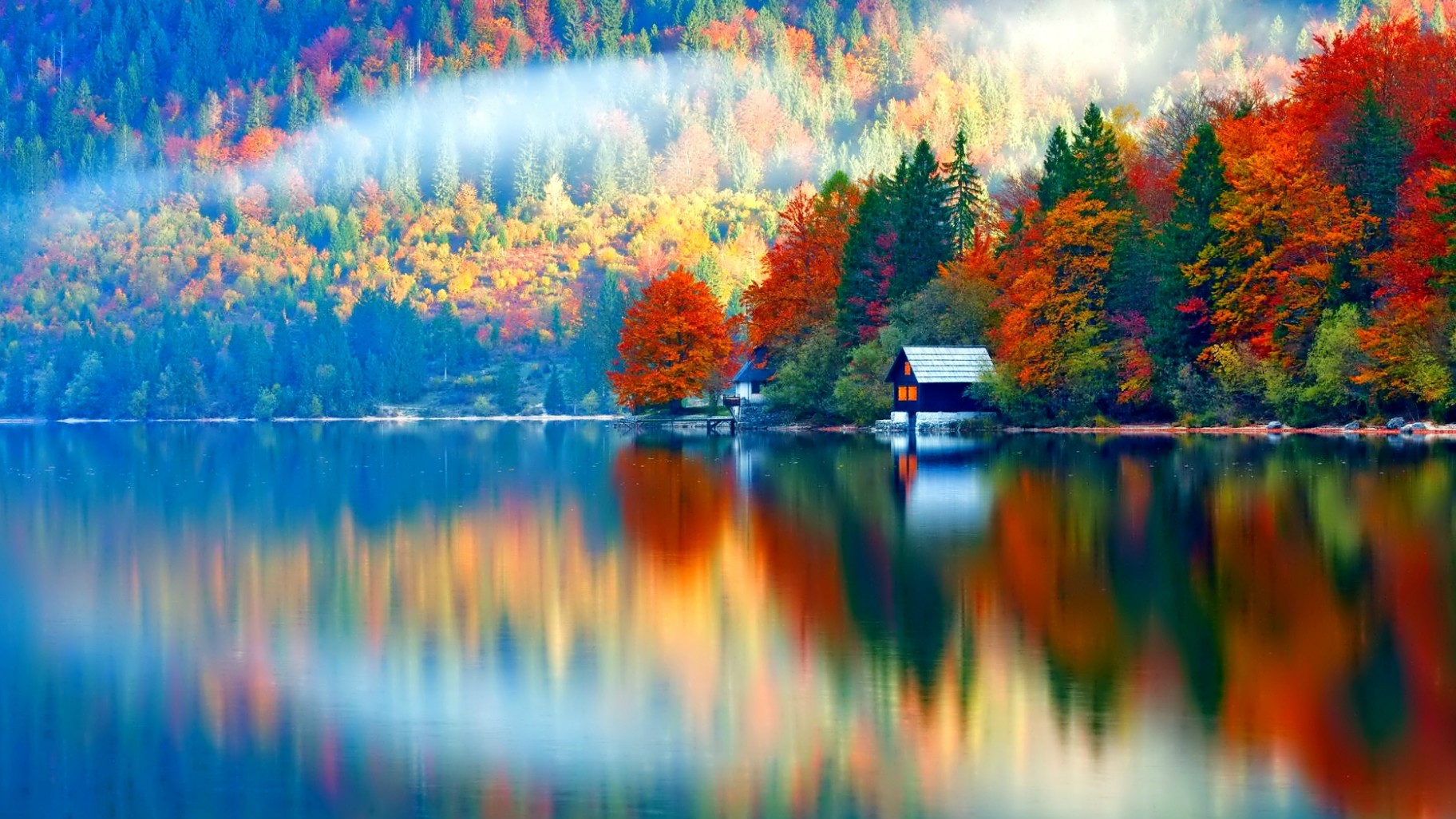 General 1824x1026 nature landscape trees forest fall colorful water lake Slovenia mist house reflection