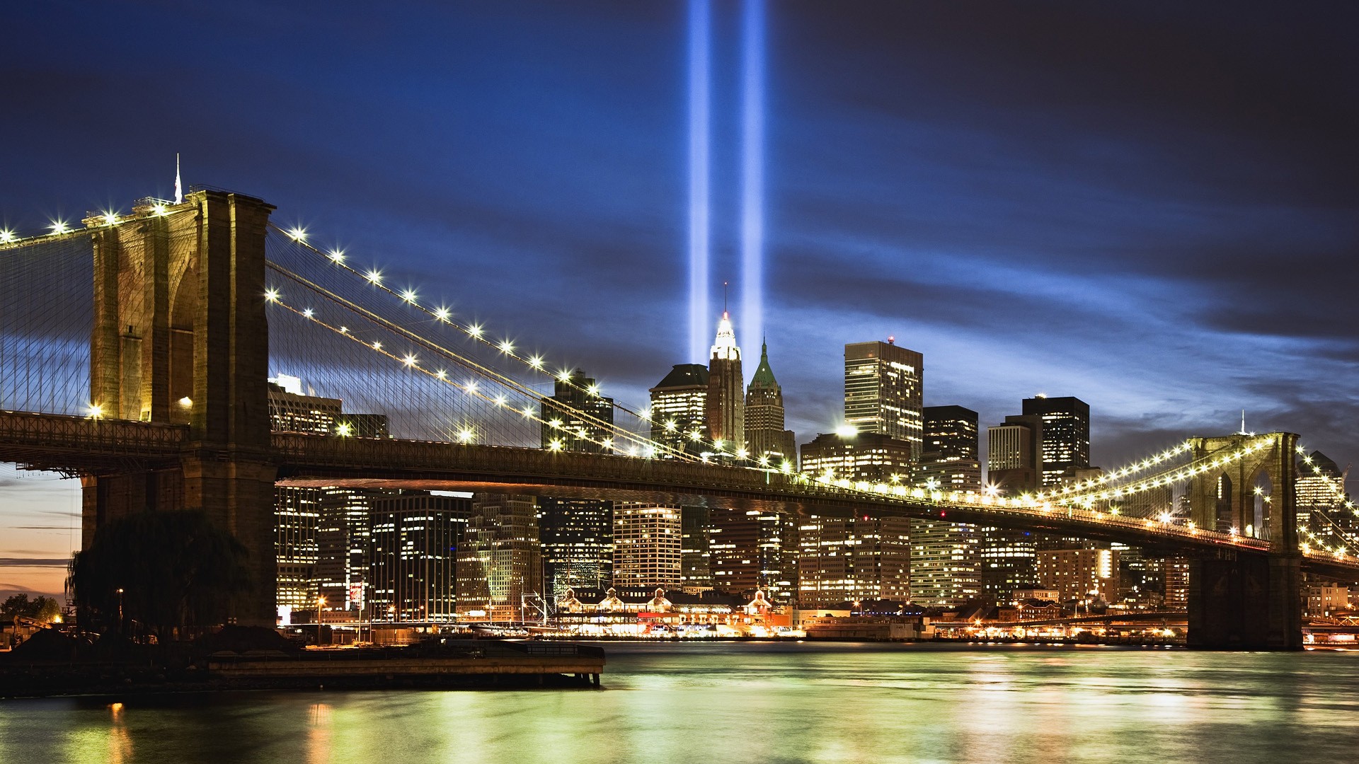 General 1920x1080 cityscape New York City bridge river building lights USA city lights