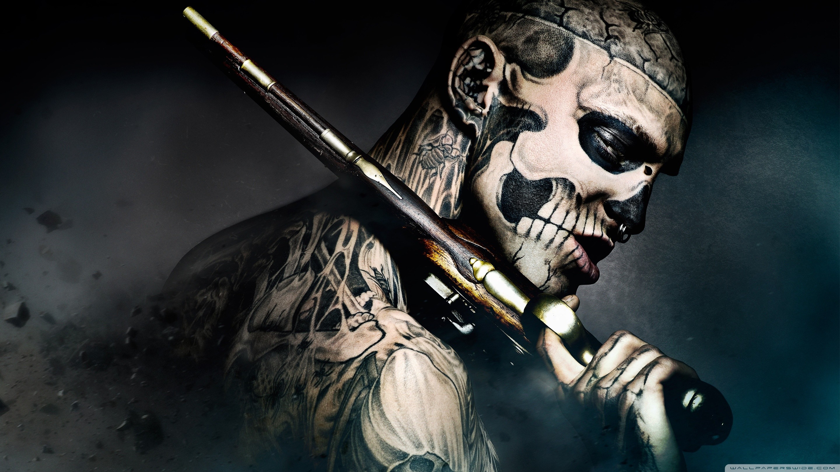 General 2880x1620 47 Ronin Rick Genest tattoo face paint actor movies gun weapon inked men watermarked closeup