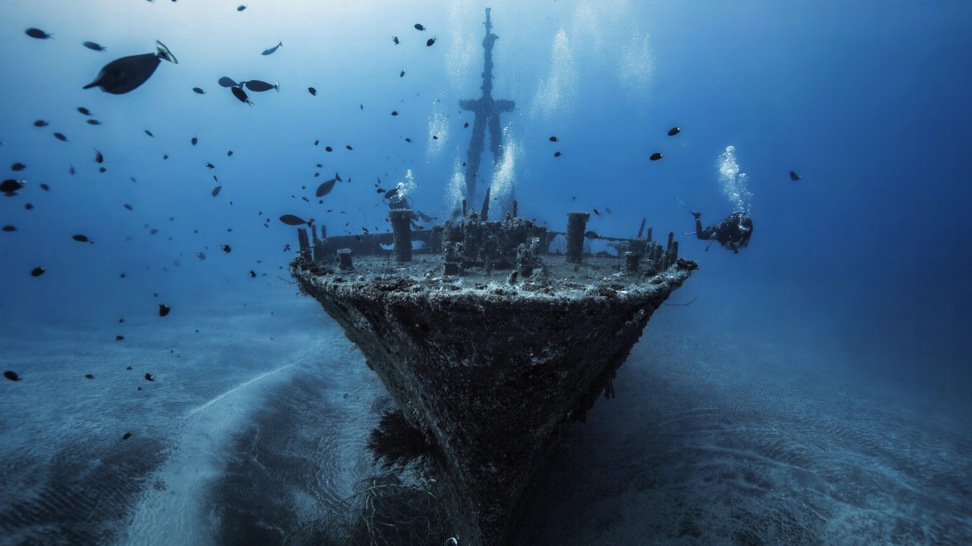 General 1920x1080 sea ship shipwreck water underwater fish divers bubbles blue silhouette