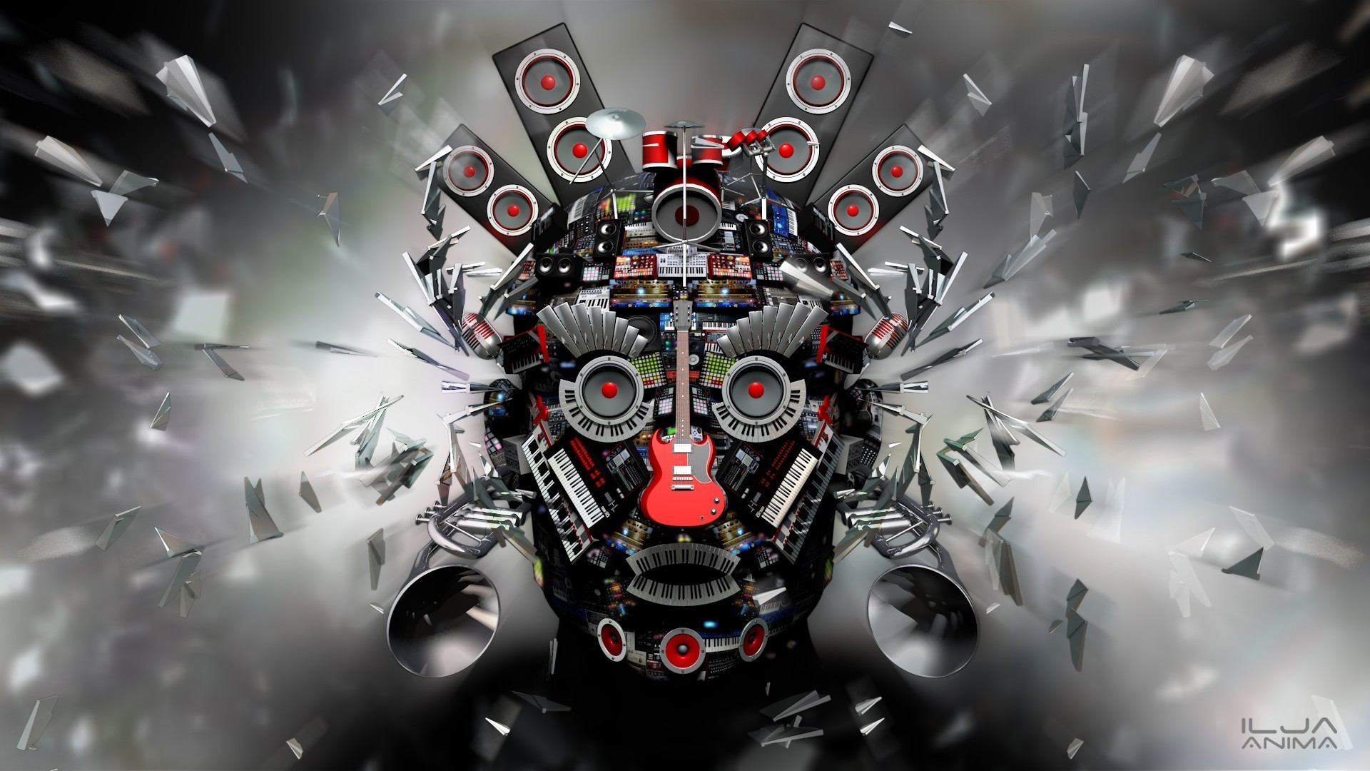 General 1920x1080 digital art CGI face music guitar keyboards drums microphone trumpet speakers eyes open mouth explosion