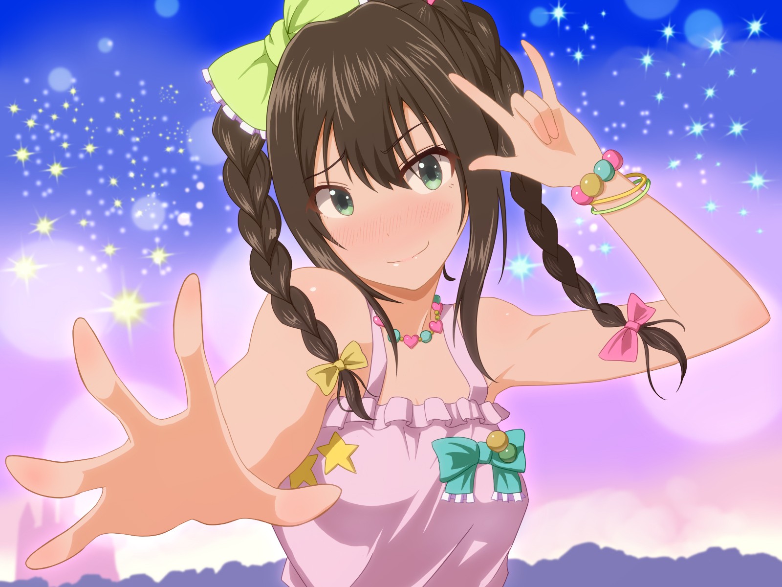 Anime 1600x1200 anime girls anime long hair purple dress brunette THE iDOLM@STER Shibuya Rin smiling hand gesture green eyes looking at viewer pink clothing
