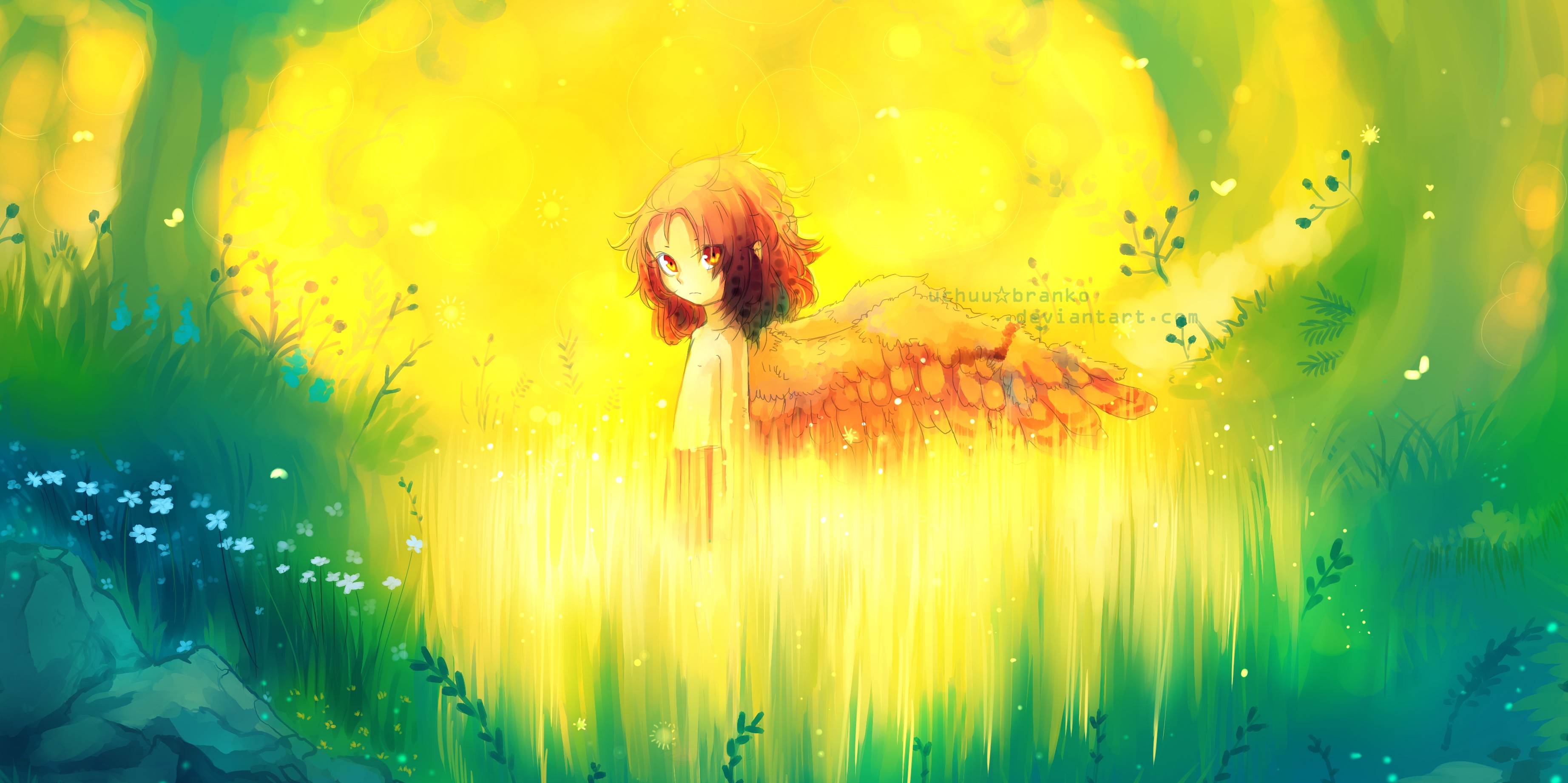 Anime 3688x1842 fantasy art wings anime girls anime flowers plants looking at viewer red eyes nature DeviantArt