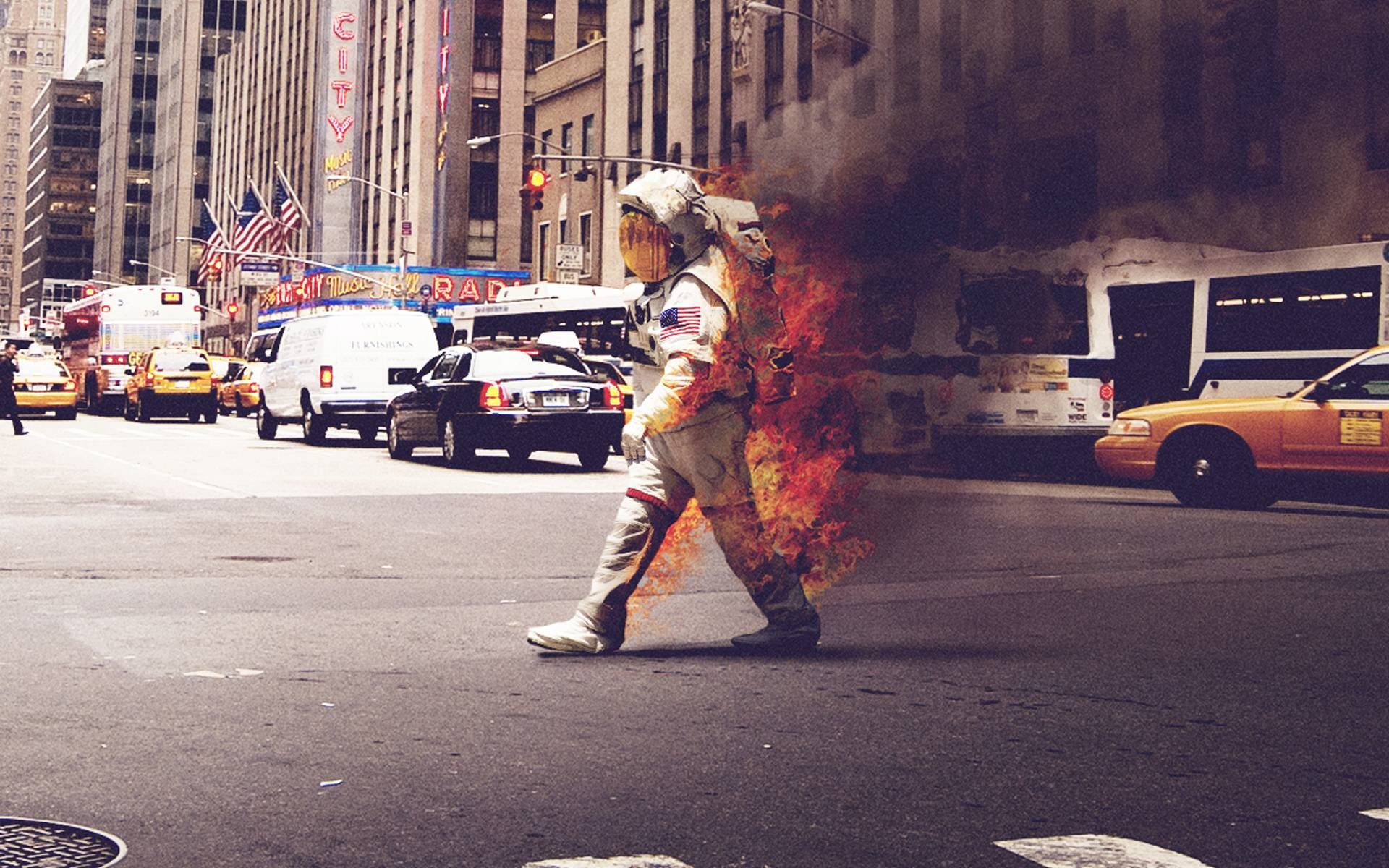 General 1920x1200 fire traffic New York City flag astronaut burning immolation USA digital art