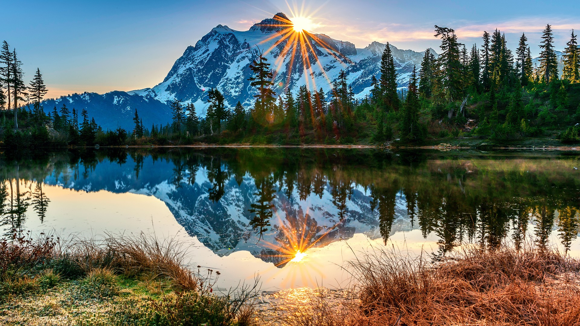 General 1920x1080 landscape forest mountains sun rays reflection sunlight Washington (state)