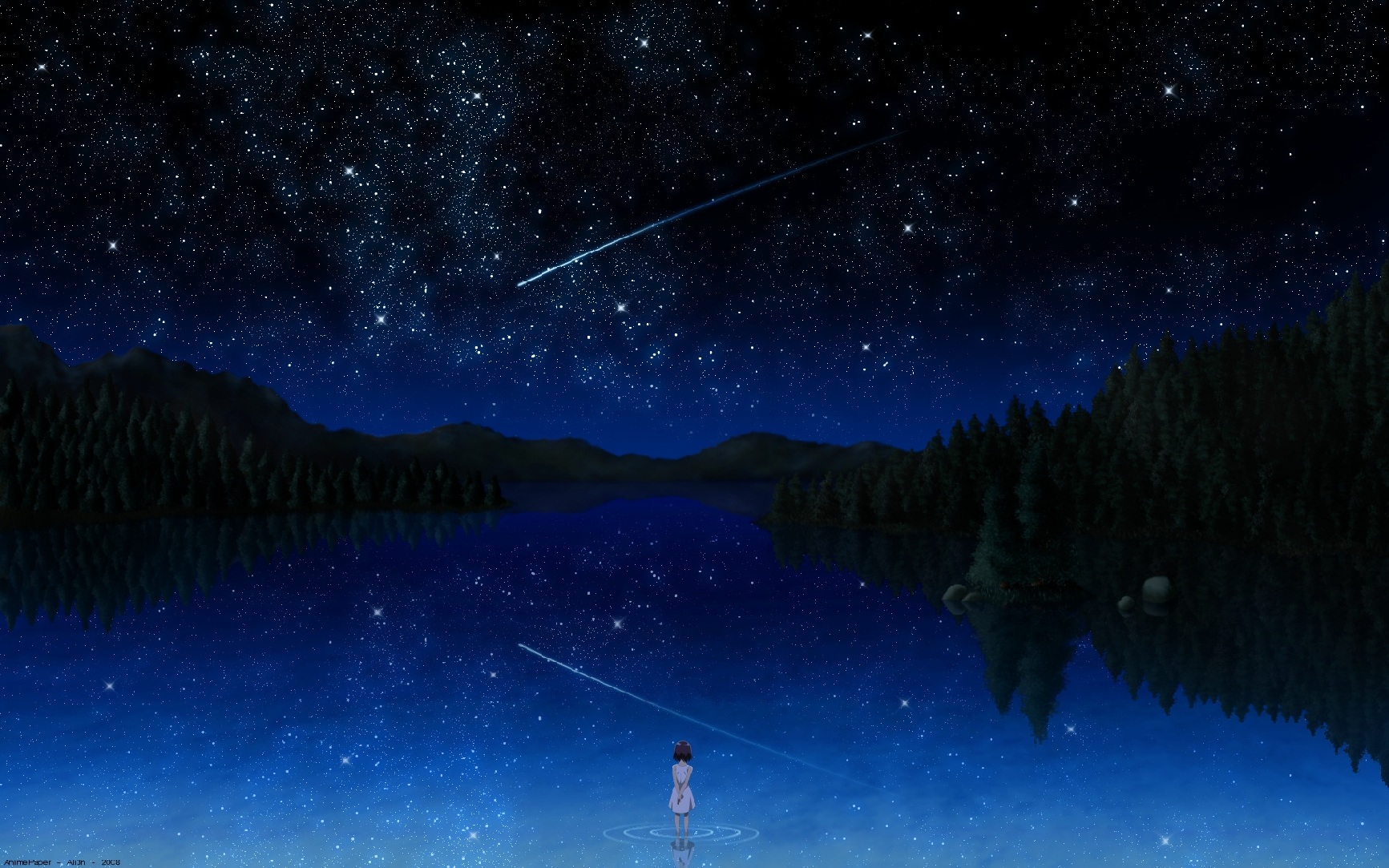 Anime 1733x1083 anime water nature anime girls shooting stars artwork night sky stars alone women women outdoors outdoors standing trees blue