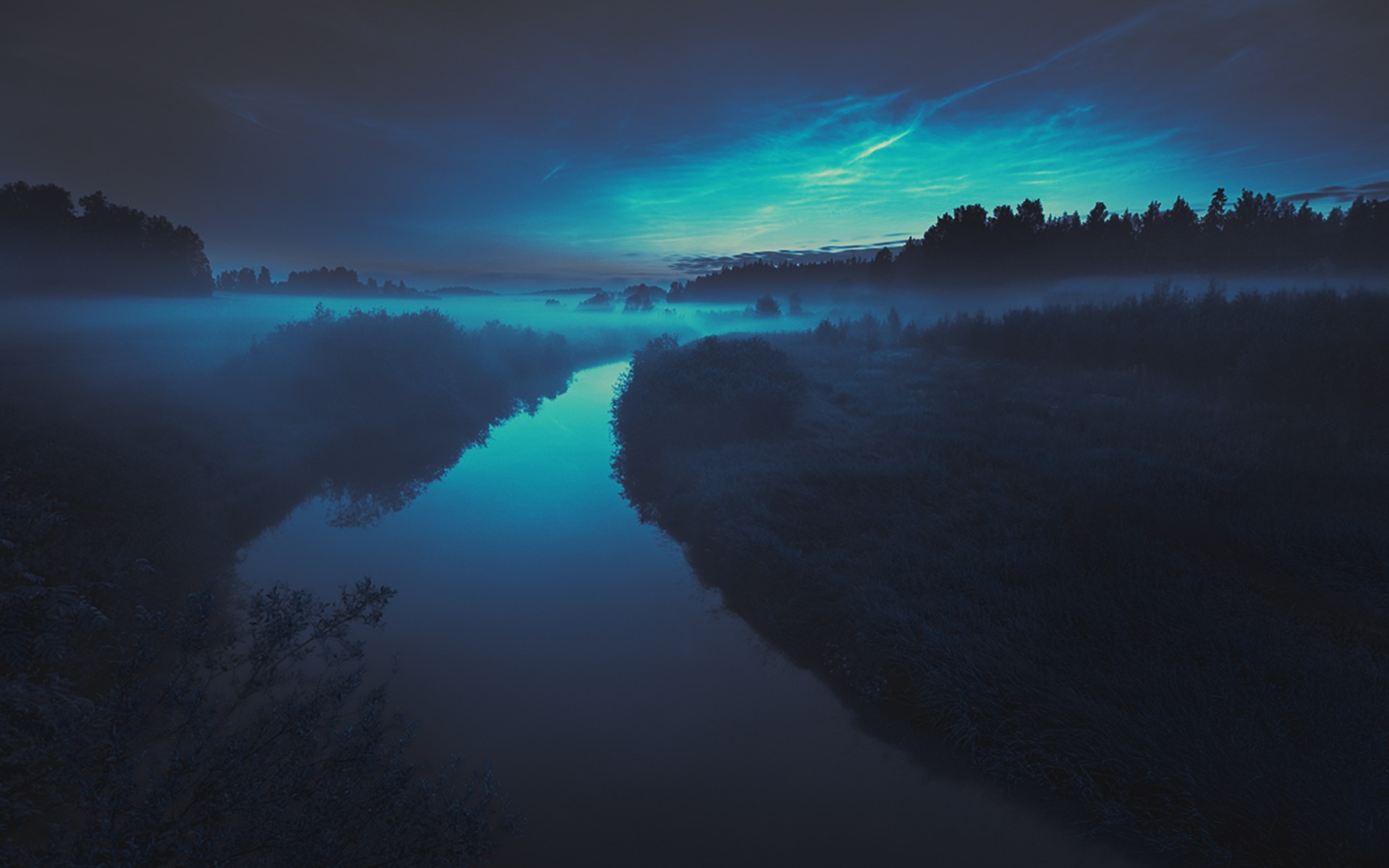 General 1920x1200 nature landscape sky clouds water cyan river night mist blue low light