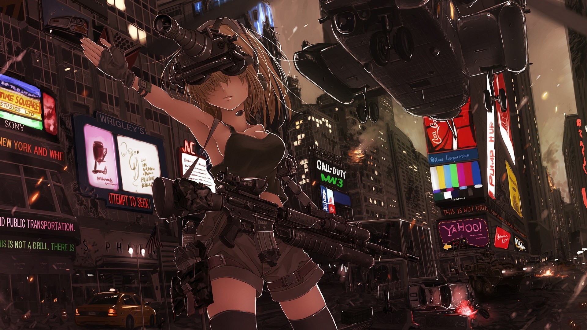Anime 1920x1080 women gun anime girls anime girls with guns city brunette weapon standing helicopters vehicle M16 rifles anime girls with guns