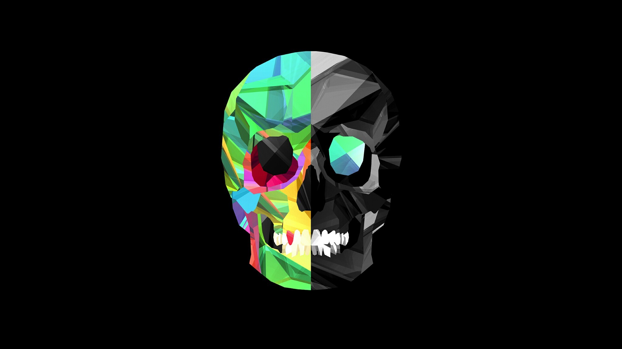 General 2048x1152 Justin Maller facets skull black background digital art colorful artwork simple background 3D Abstract CGI